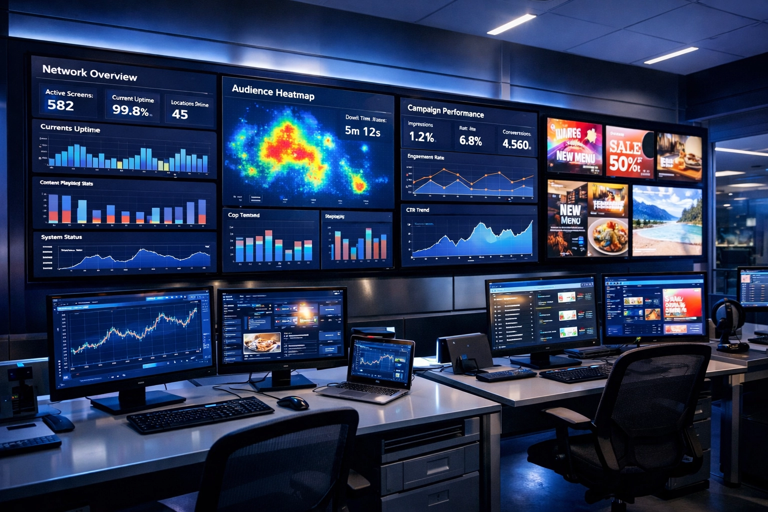 Modern digital signage network control center monitoring campaign analytics and performance metrics