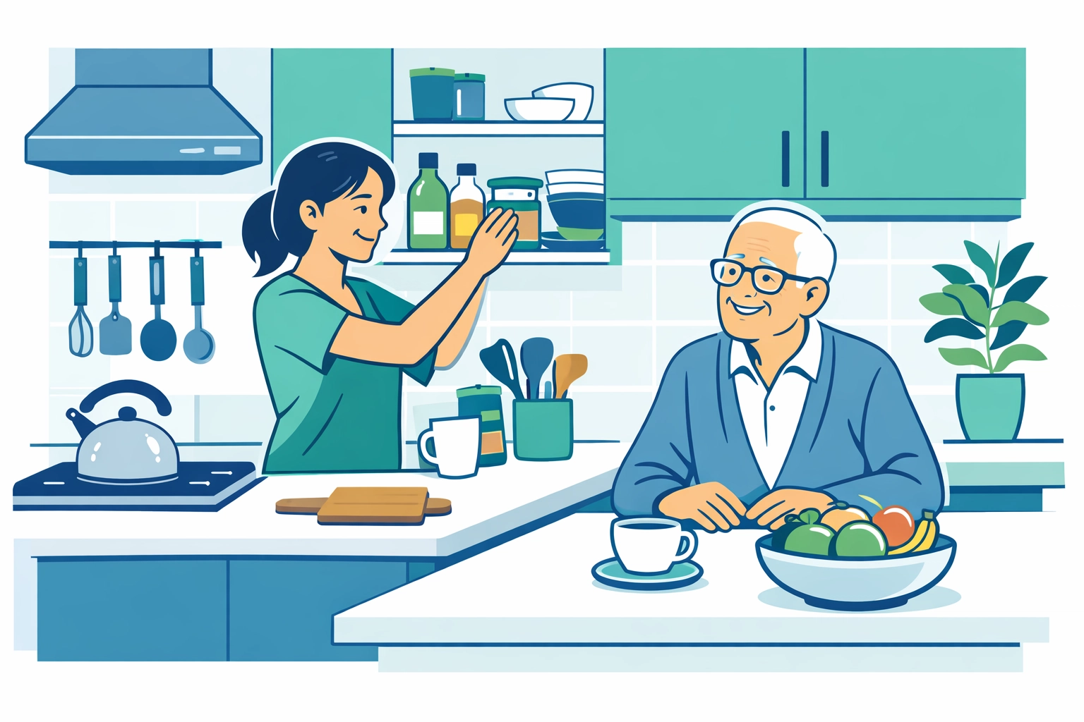 Caregiver assisting senior with kitchen organization and light housekeeping at home