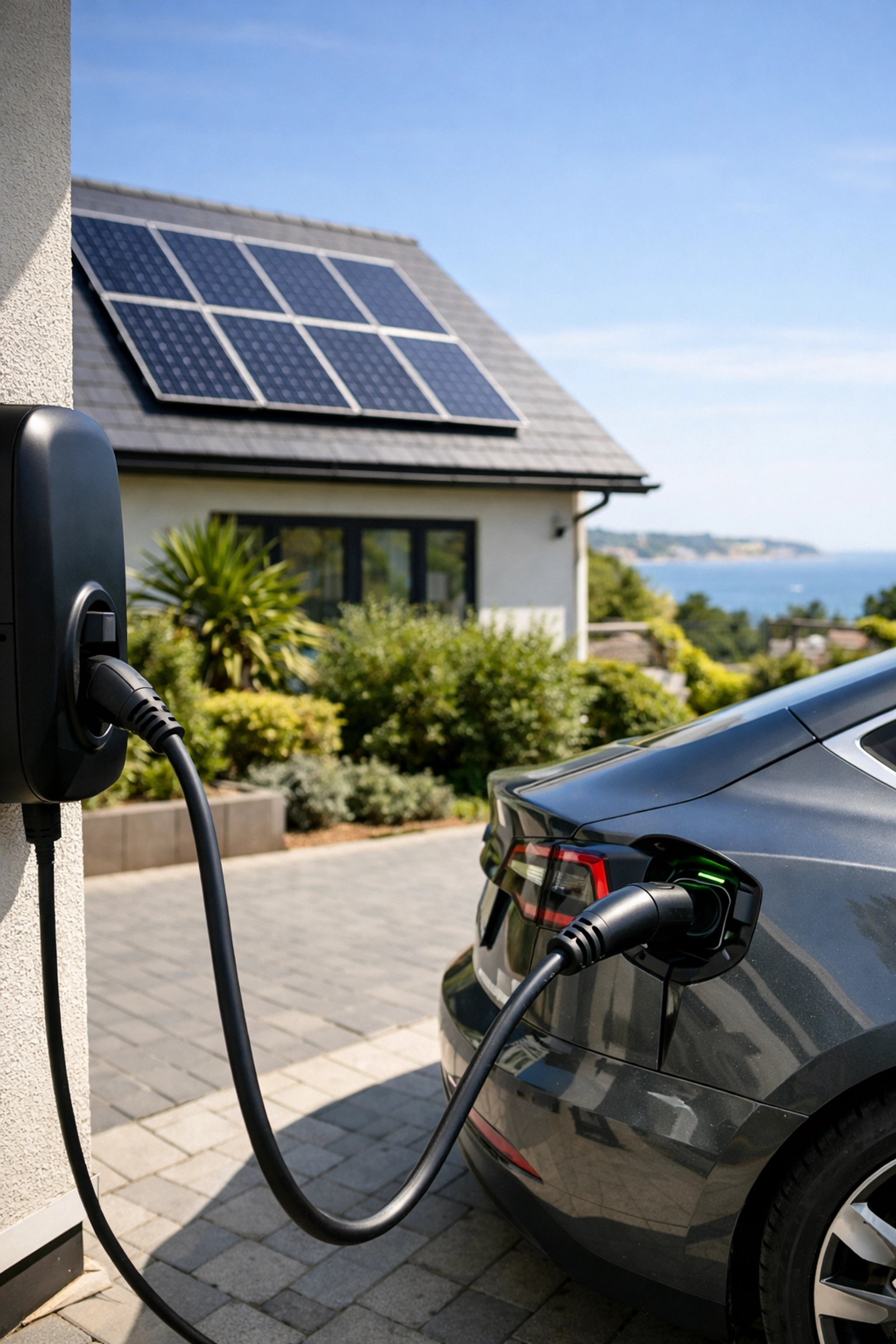 Solar-powered EV charging at a Bournemouth residence featuring rooftop solar panels and battery backup.