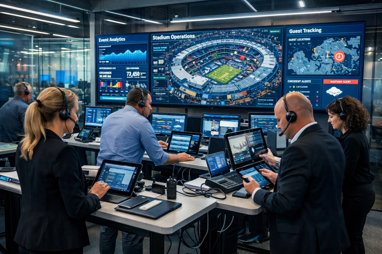 How to Transform Game Day Chaos Into Strategic Brand Wins: The Executive's Framework for Premium Sports Event Management Event operations command center with real-time monitoring systems for sports event management