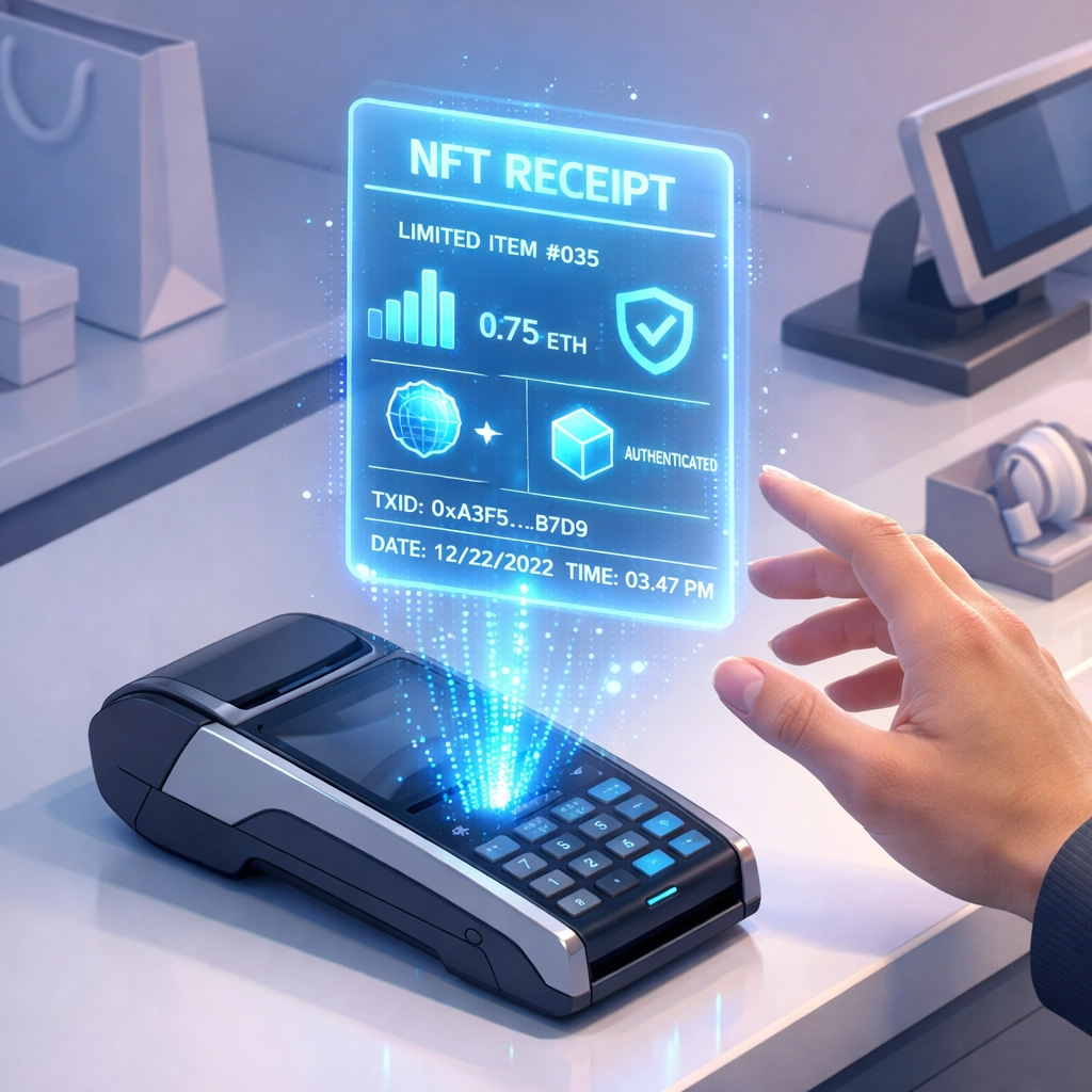 NFT receipt hologram at crypto POS terminal showing blockchain transaction data