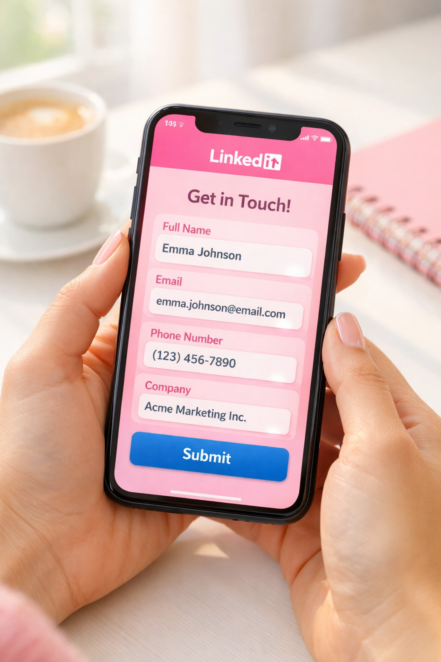 LinkedIn lead form on smartphone for capturing social media leads with auto-filled fields