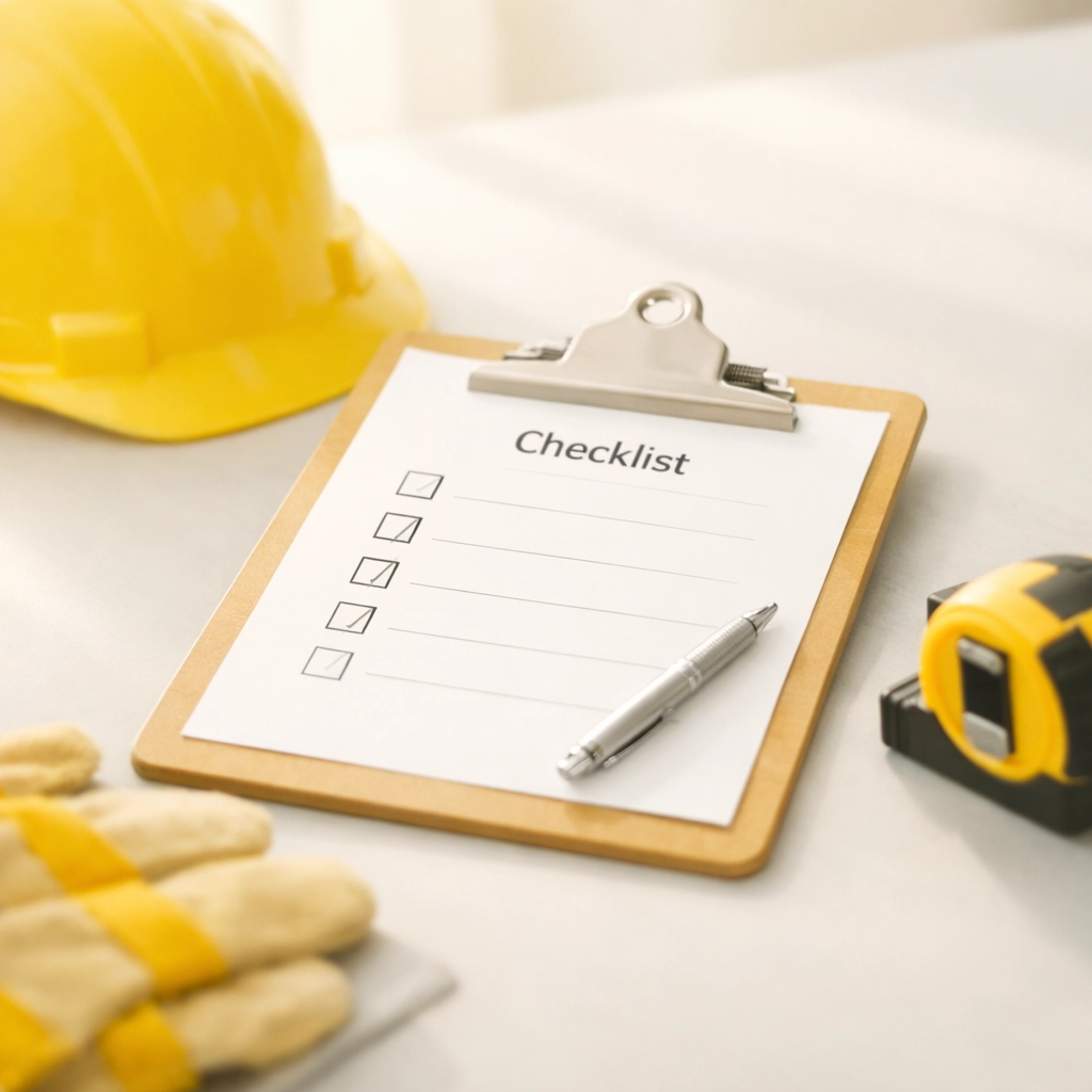 Workers comp safety checklist with construction hard hat and work tools
