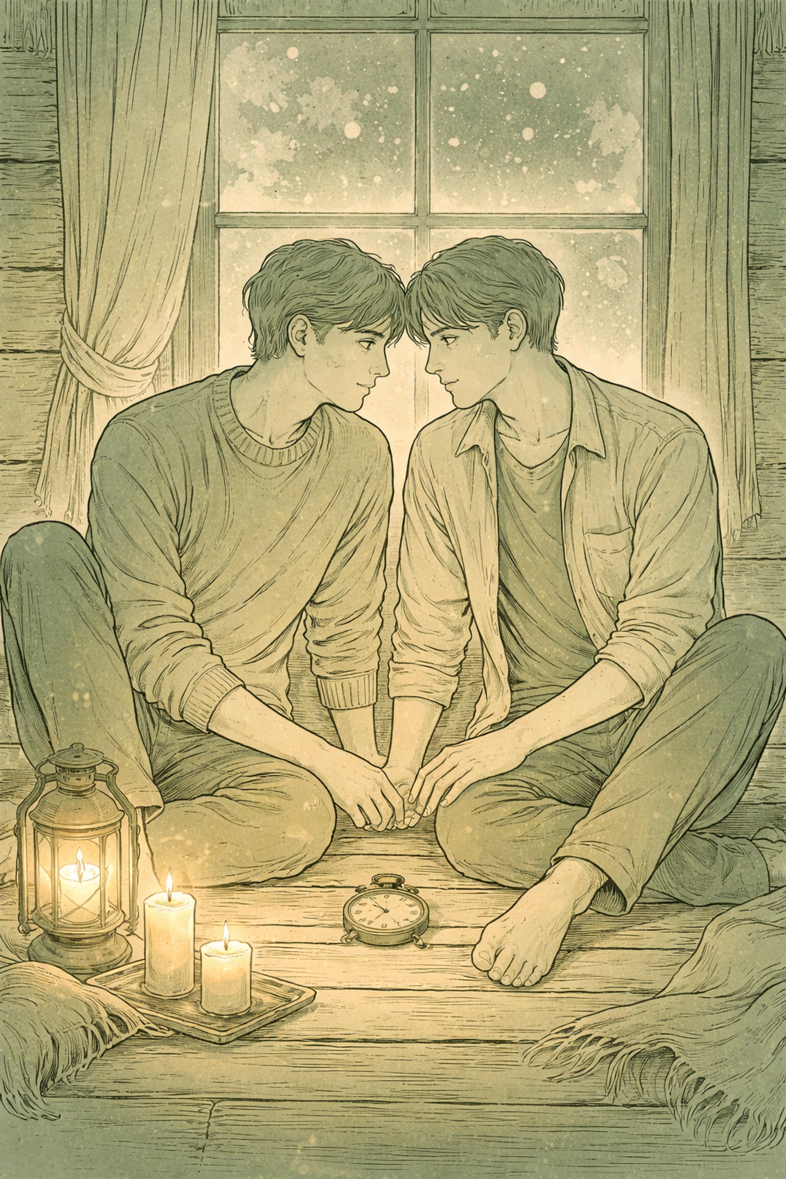 Two men sharing an intimate moment by candlelight on a snowy cabin floor, representing the book’s unique hour-by-hour romance structure.