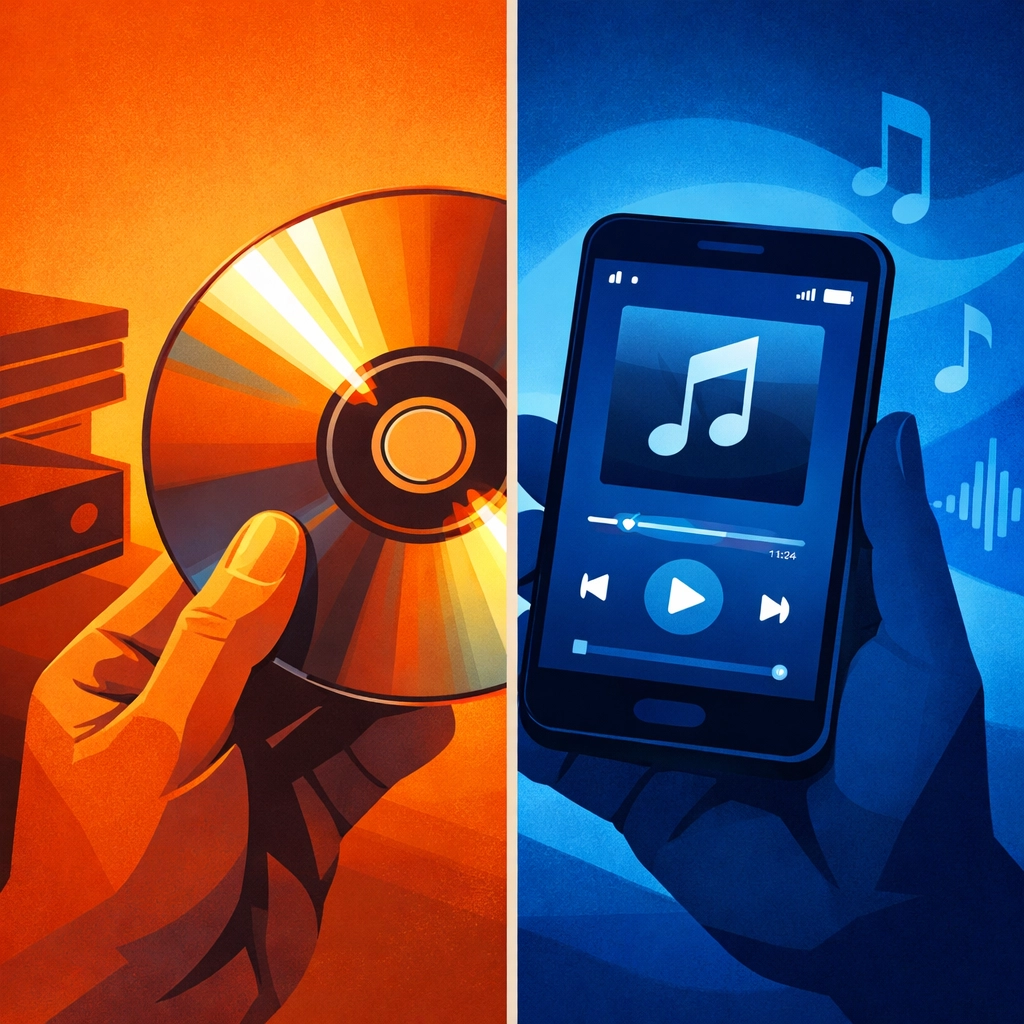 Physical CD compared to streaming app showing music promotion evolution