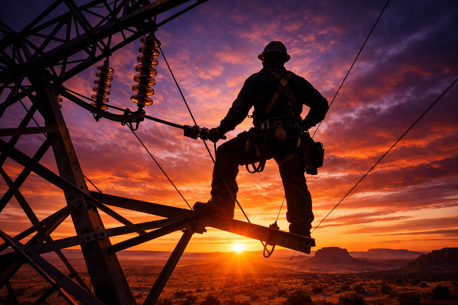 Electrical worker on power line tower at sunrise representing company culture and mission