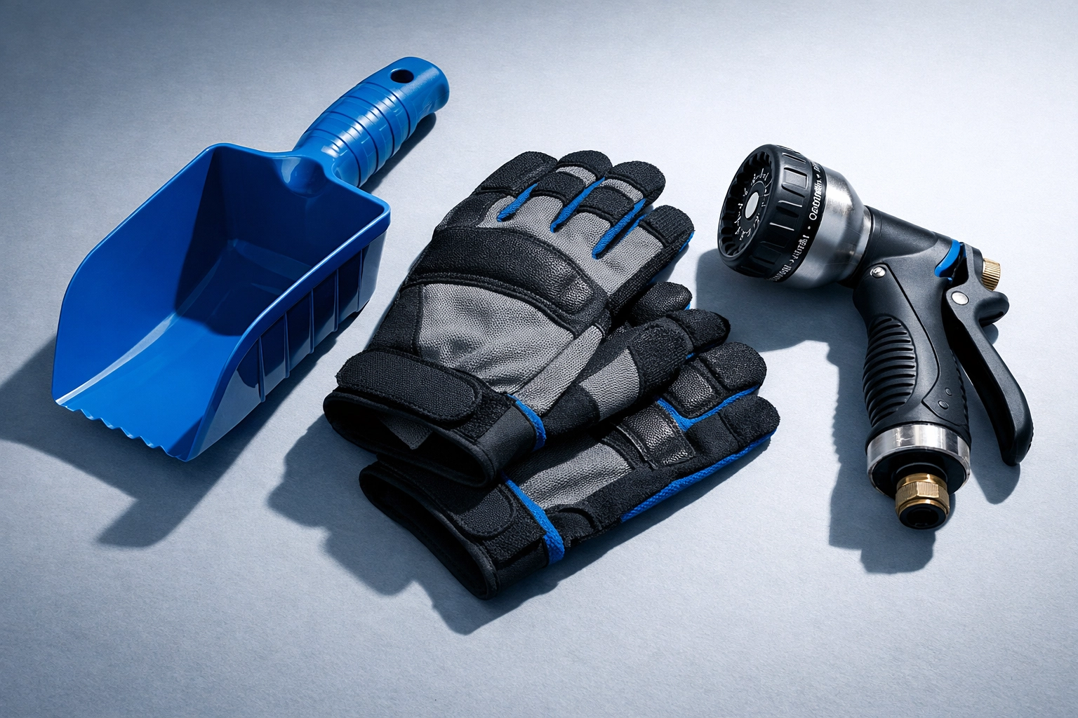 Professional gutter cleaning tools including scoop, gloves and spray nozzle