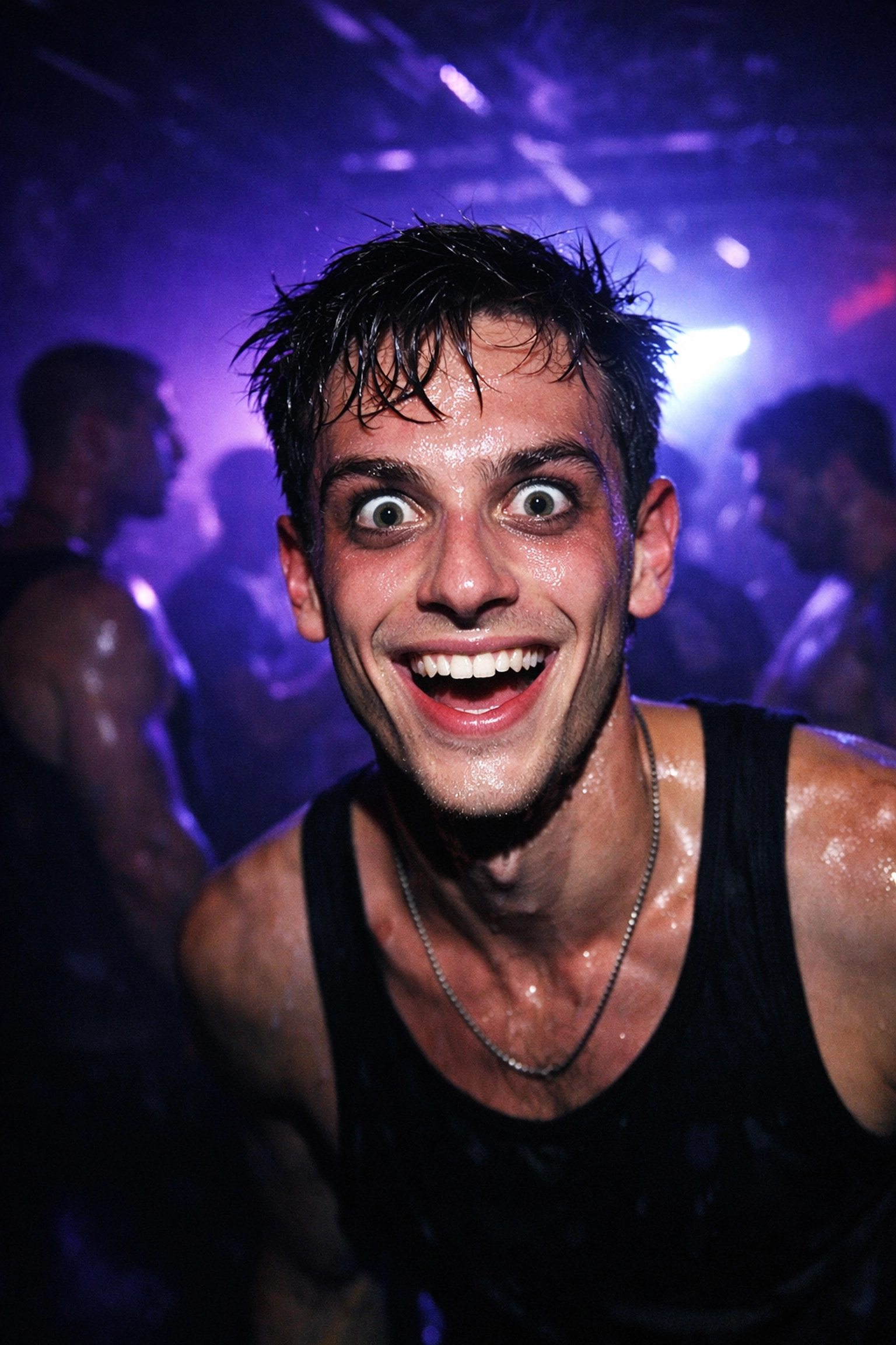 A gay man in a dark club experiencing the frantic euphoria of a drug high, reflecting the dark side of party culture.