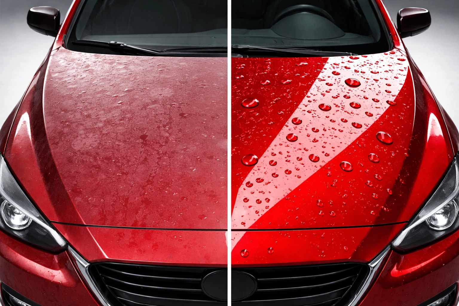 Side-by-side car bonnet comparison of faded paint versus glossy, protected ceramic-coated finish with water beading.