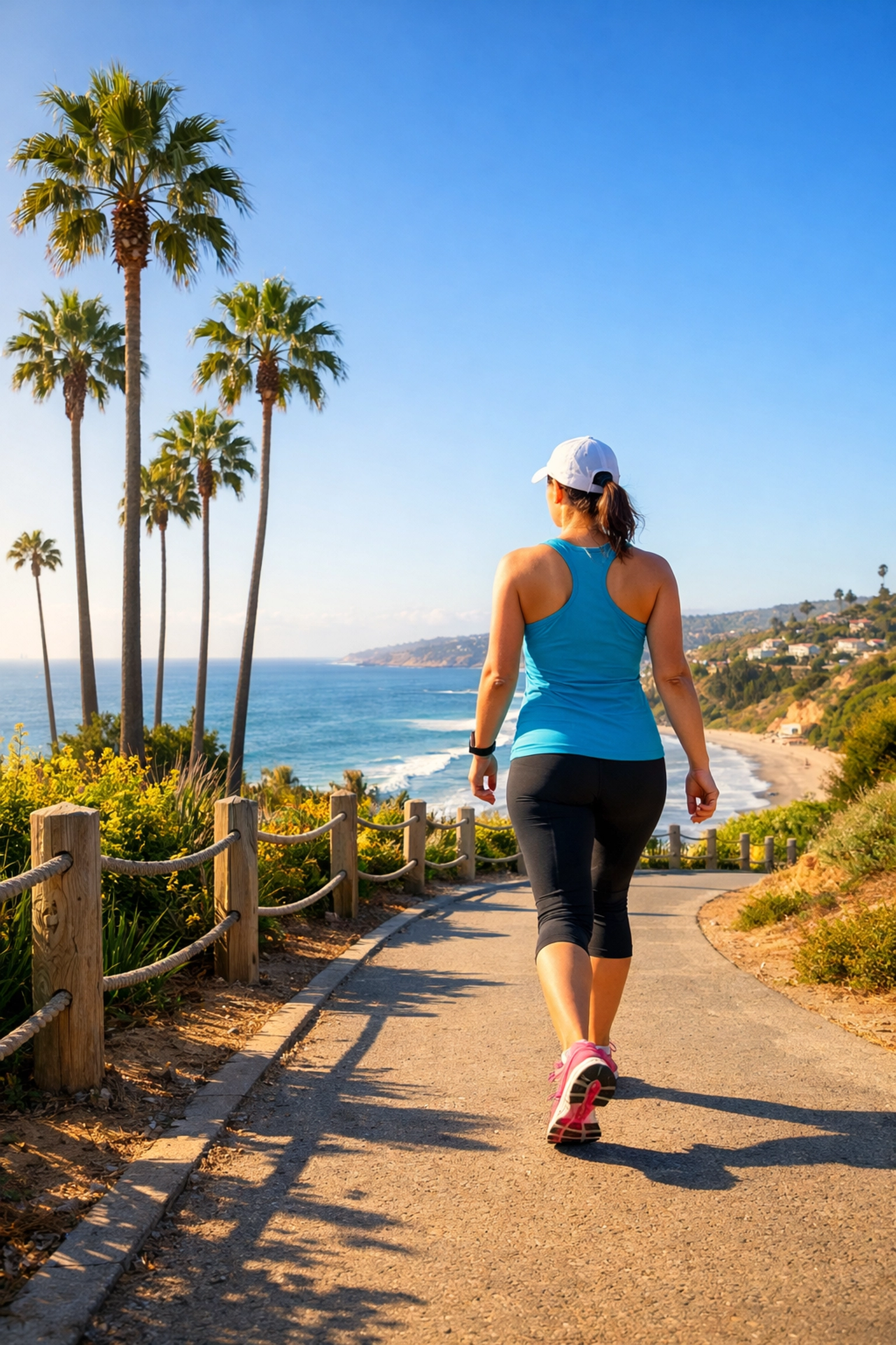 An active person walking on a California beach, showcasing vitality and medical weight loss success.