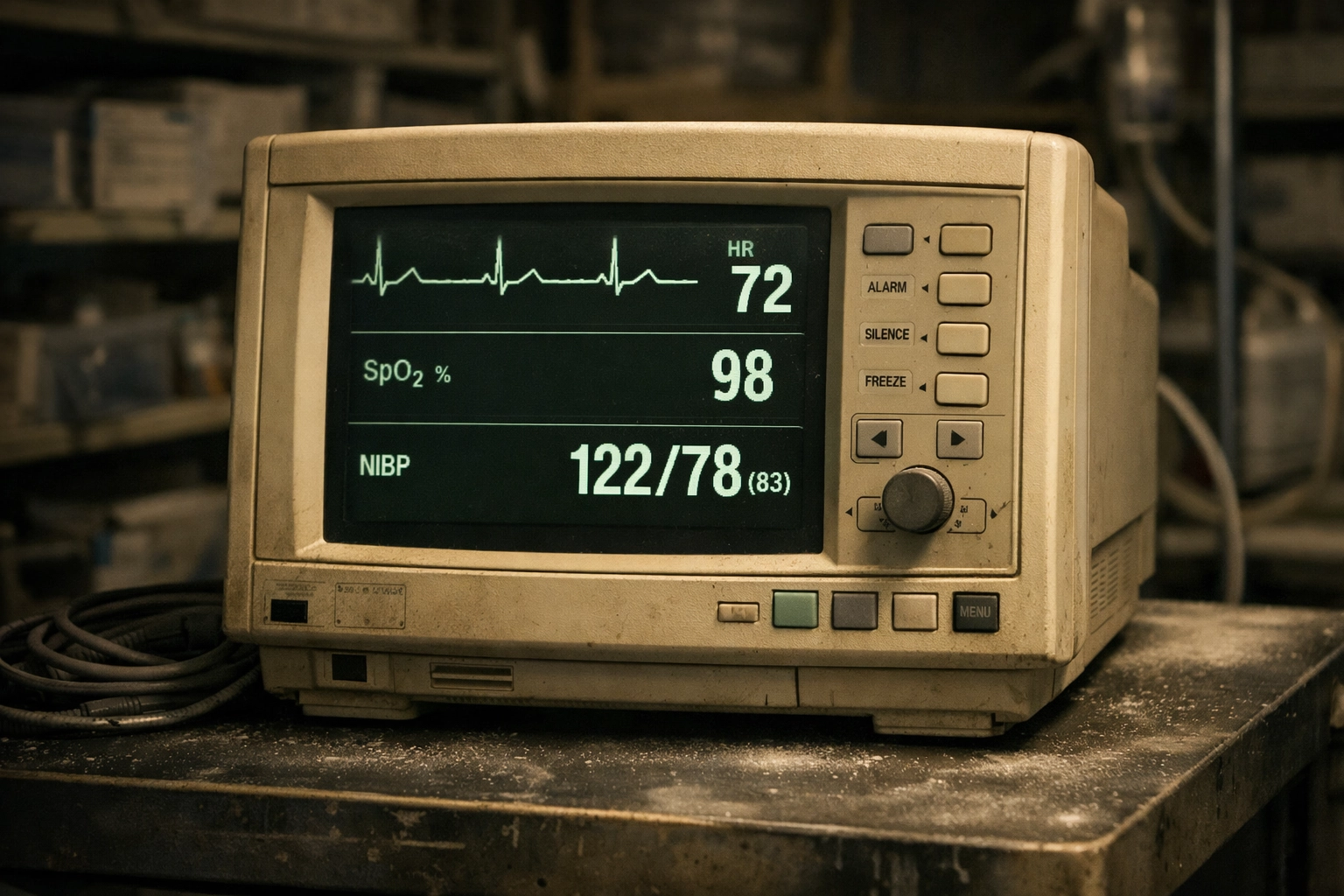 Legacy medical hardware and an outdated diagnostic monitor vulnerable to hospital ransomware attacks.