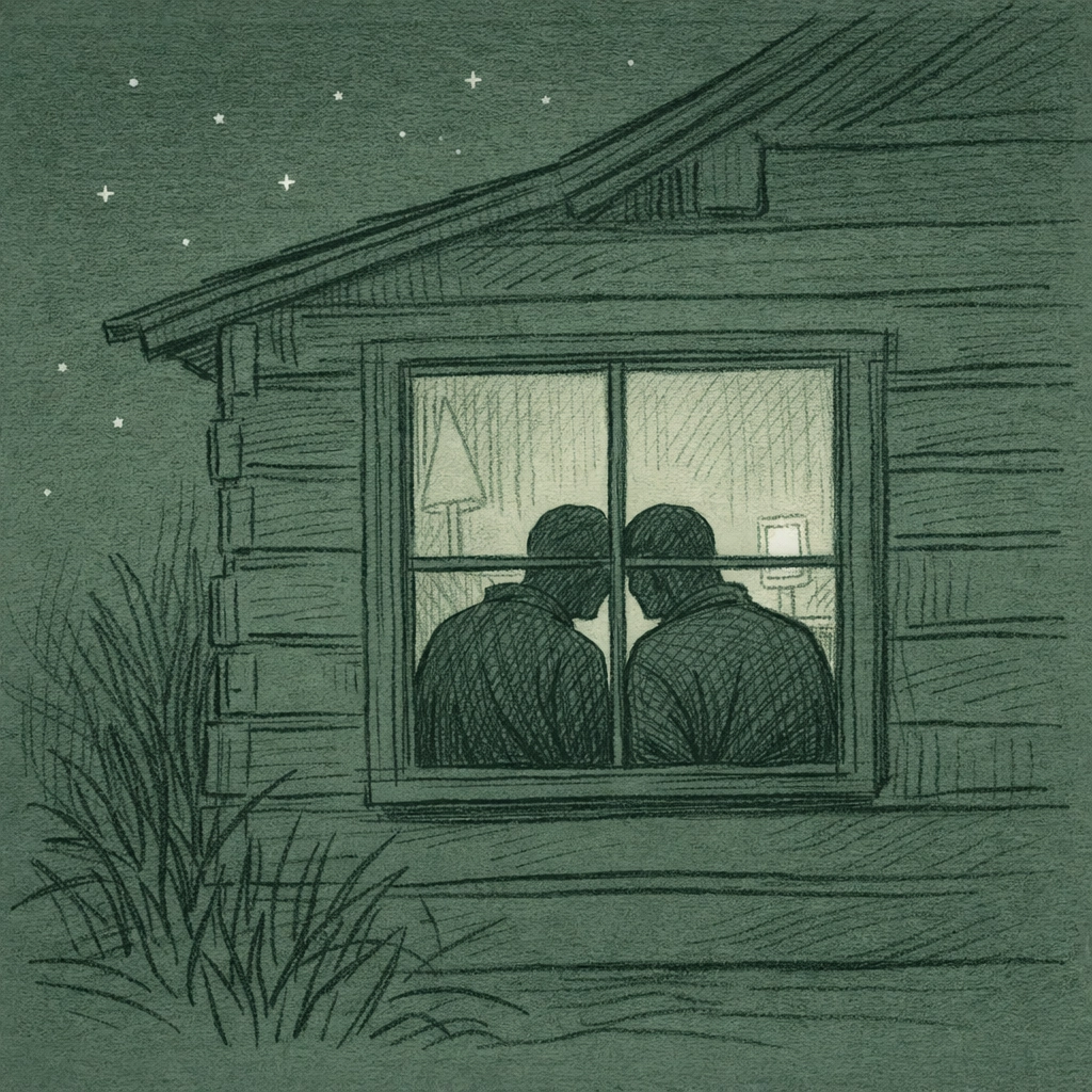 Silhouettes of two men in intimate conversation by cabin window - gay love story illustration