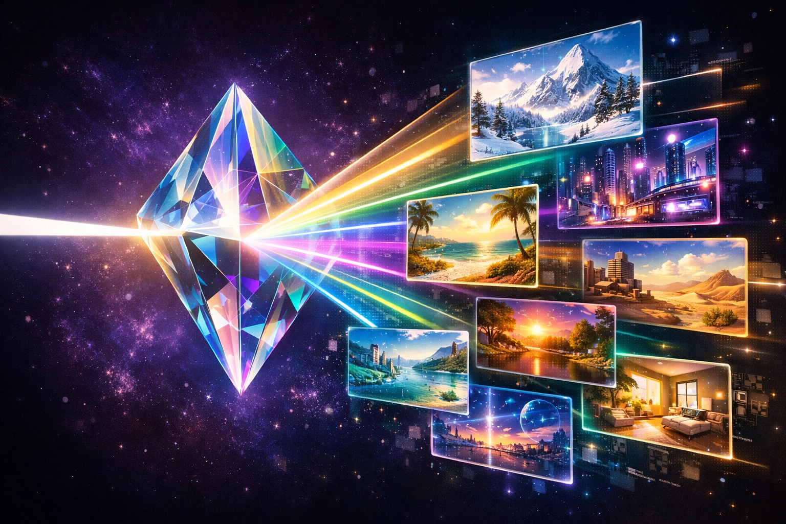 A digital prism splitting light into personalized screens to show AI-driven landing page conversion.