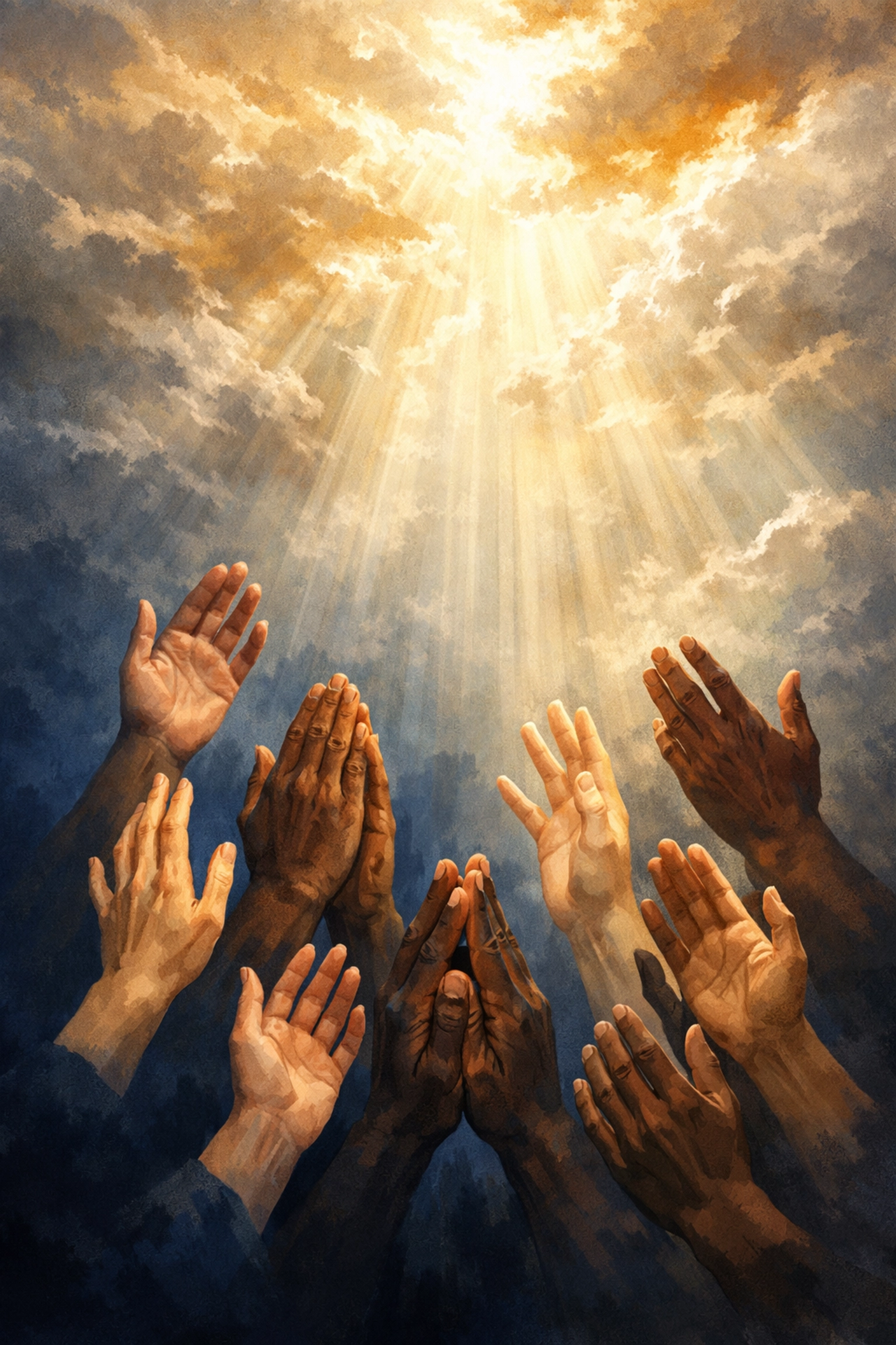 Diverse hands raised in prayer reaching toward rays of light breaking through clouds