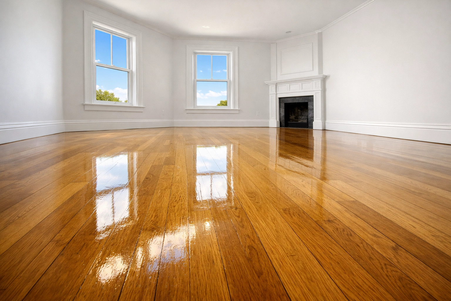 Gleaming hardwood floors in an empty Lowell bedroom following green move-in/move-out cleaning services.