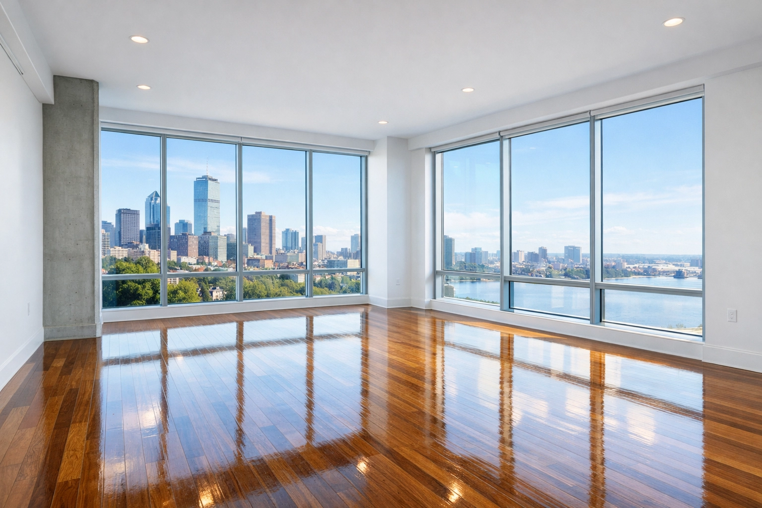 Pristine empty modern loft with city views following a successful Boston apartment turnover.