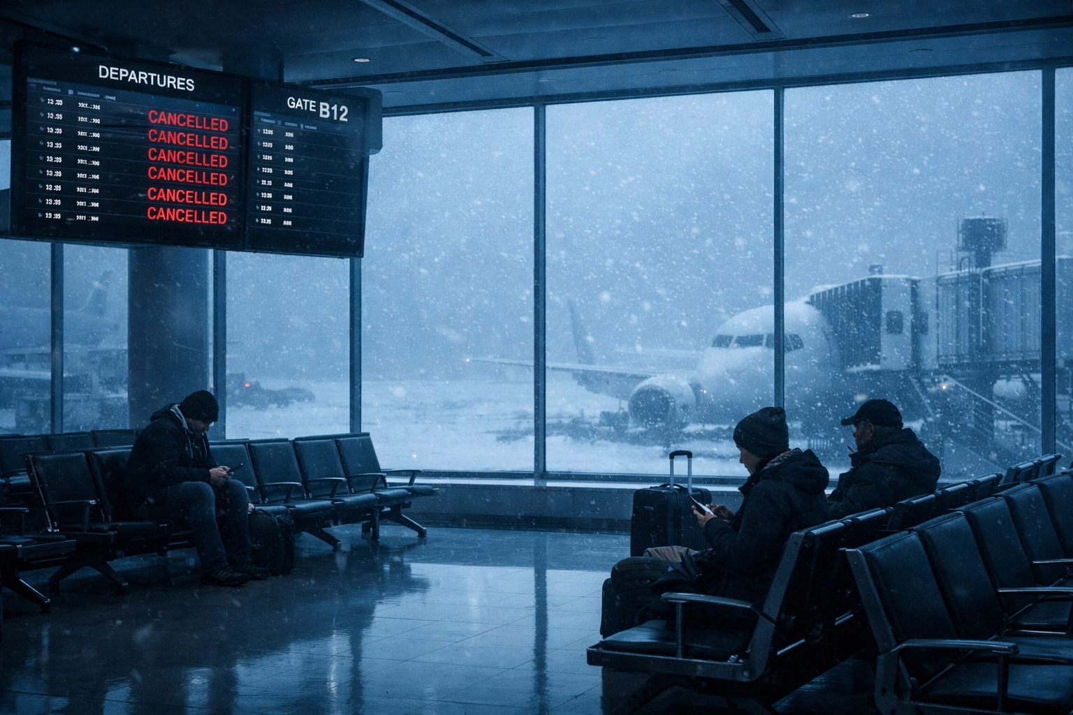 Airport terminal with cancelled flights during winter storm showing travel disruptions