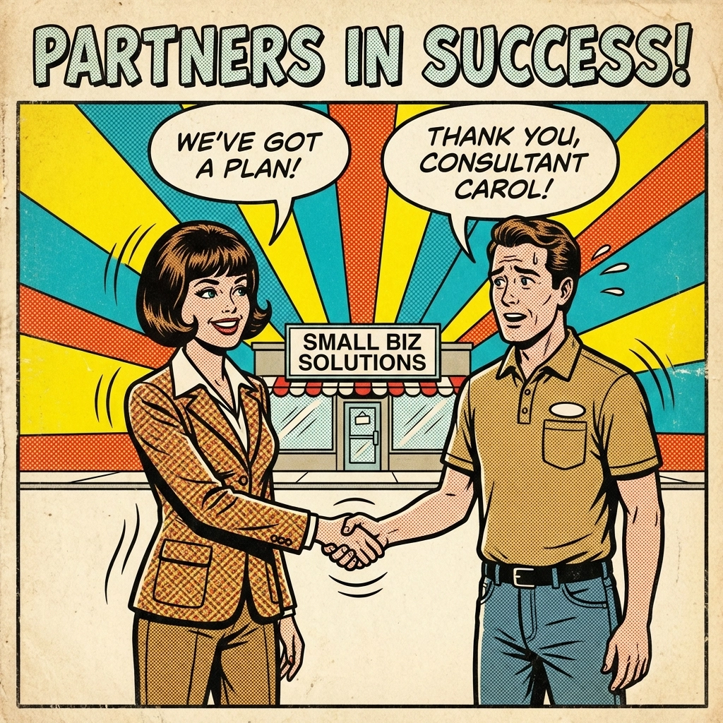 Consultant and small business owner shaking hands, representing AI partnership for steady growth in local services