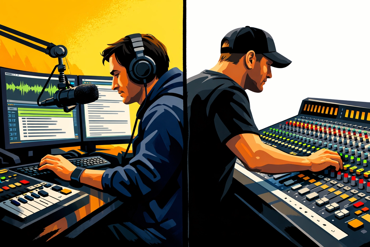 Radio producer and sound engineer working behind the scenes in broadcast studio