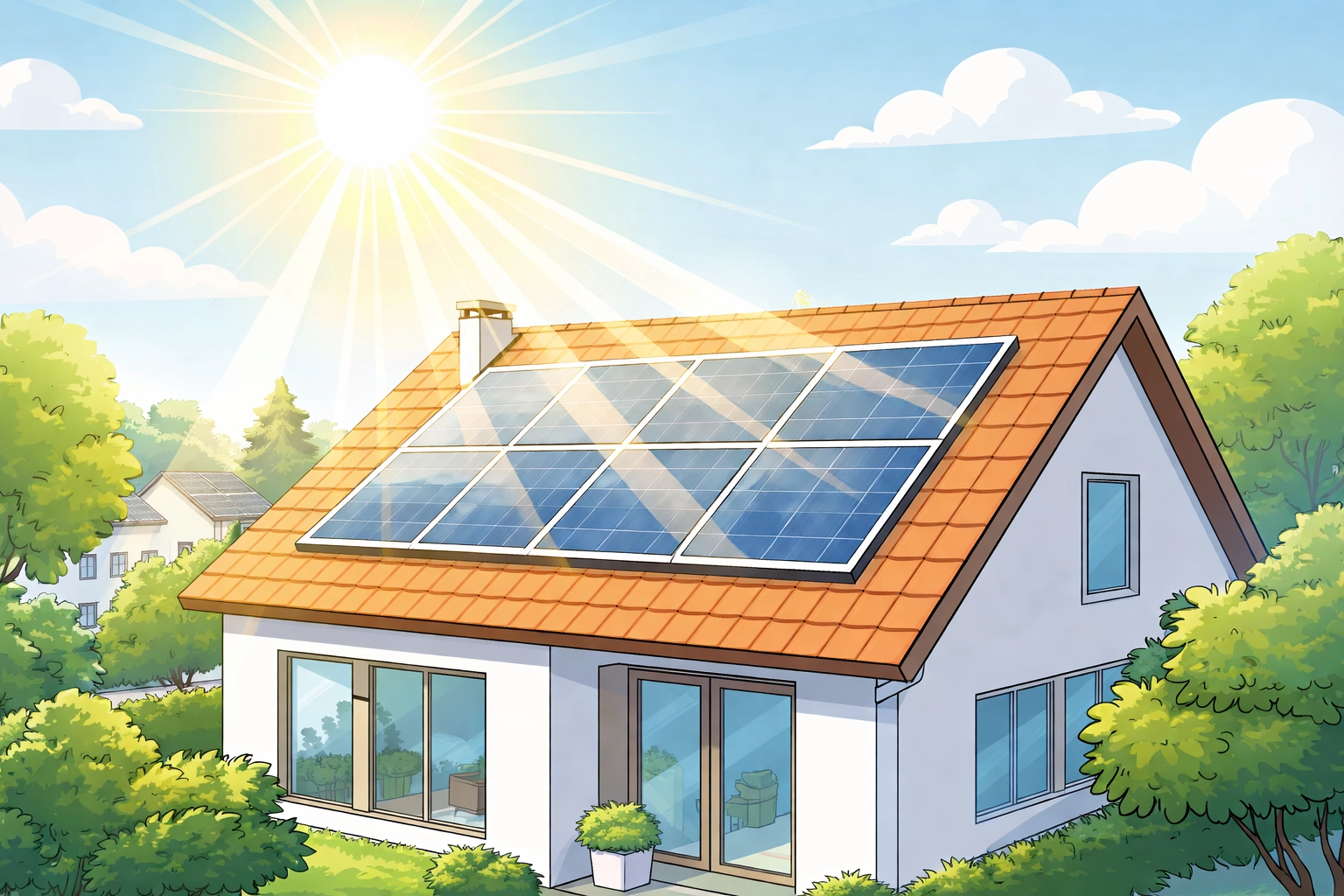 Illustration of a house with solar panels in sunlight, representing renewable energy upgrades for UK homes.