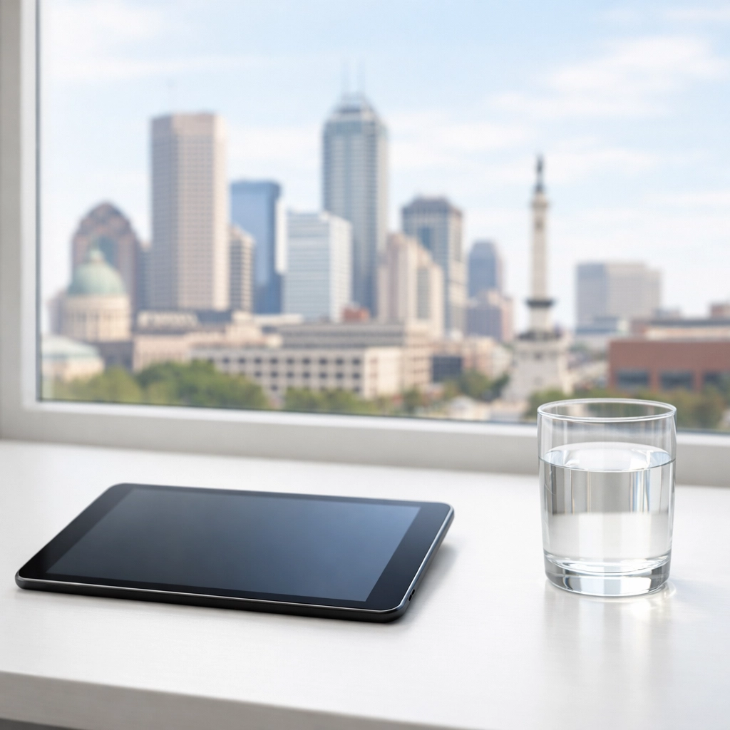 Pristine office desk with a view of the Indianapolis skyline after professional cleaning.