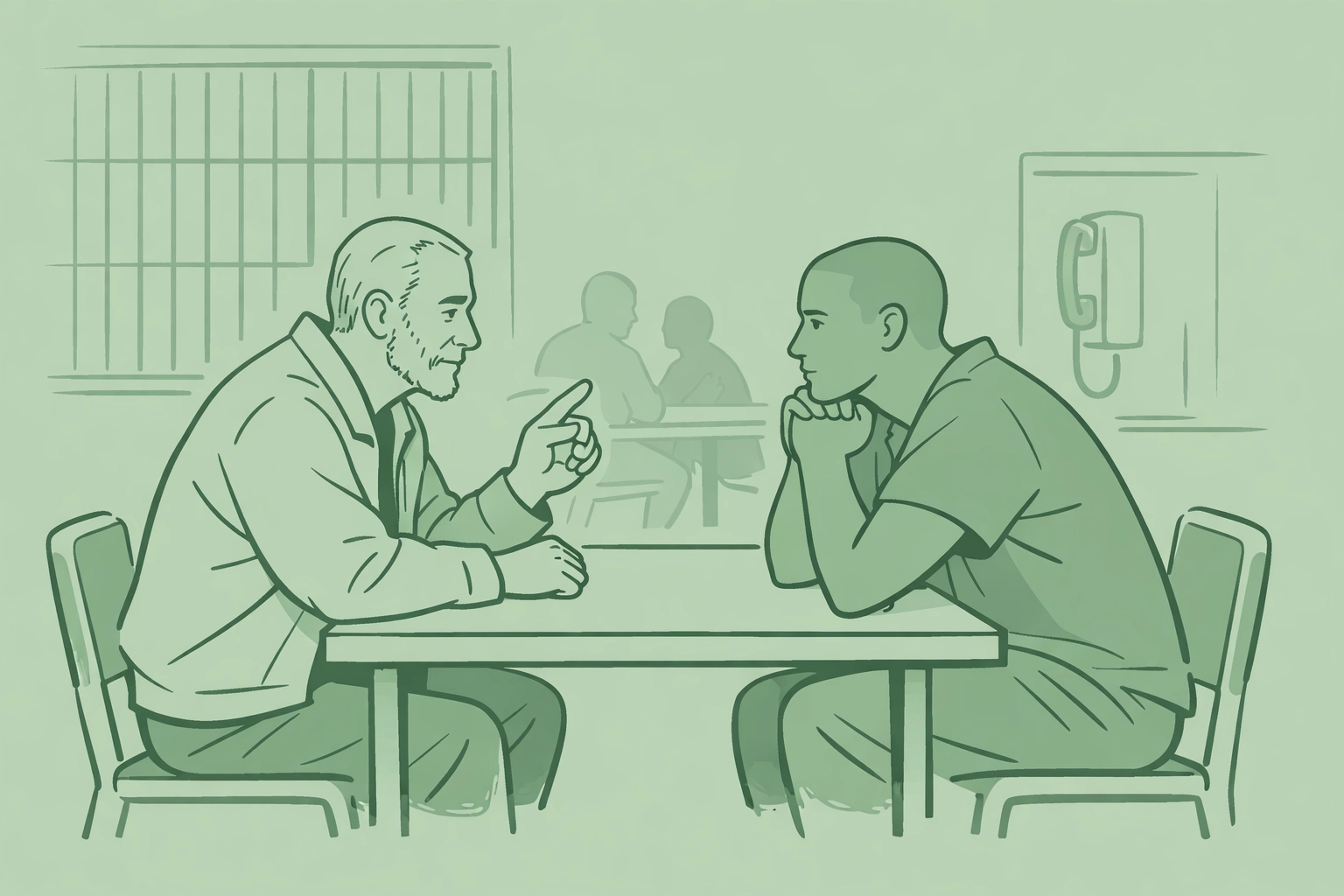 Prison mentorship moment showing trans activist Miss Major learning advocacy and reform work