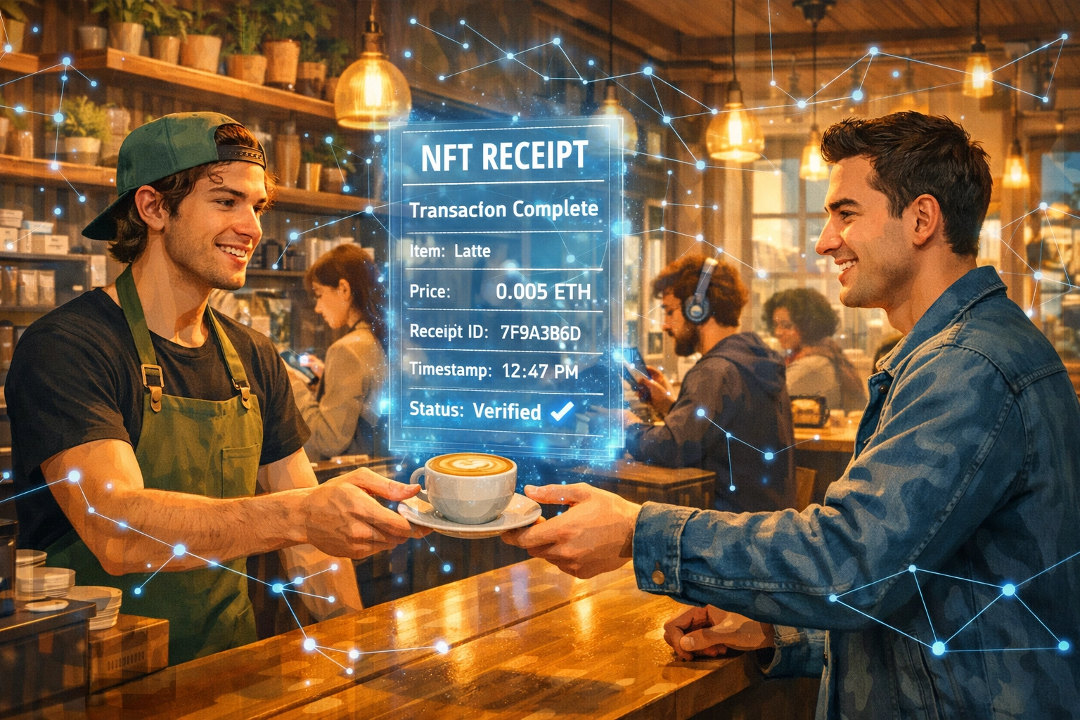 Coffee shop merchant using NFT receipts for crypto payments at point of sale
