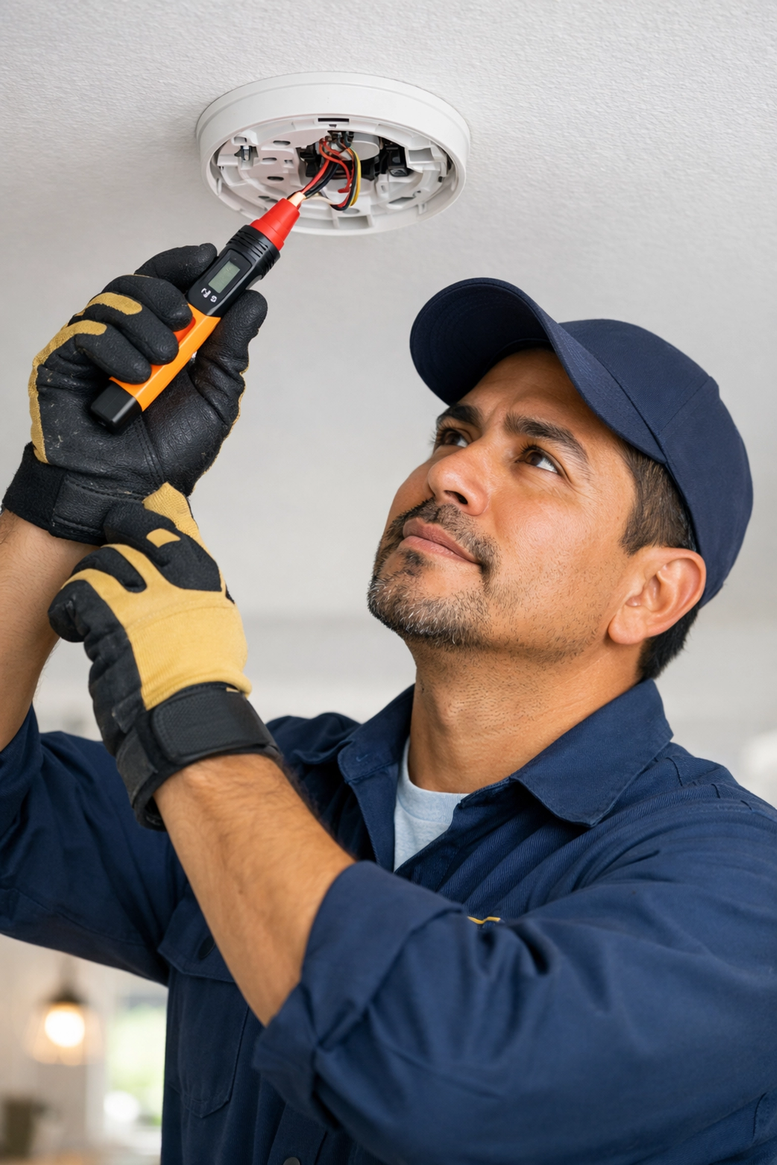 Electrician testing hardwired smoke detector during maintenance in Georgia home