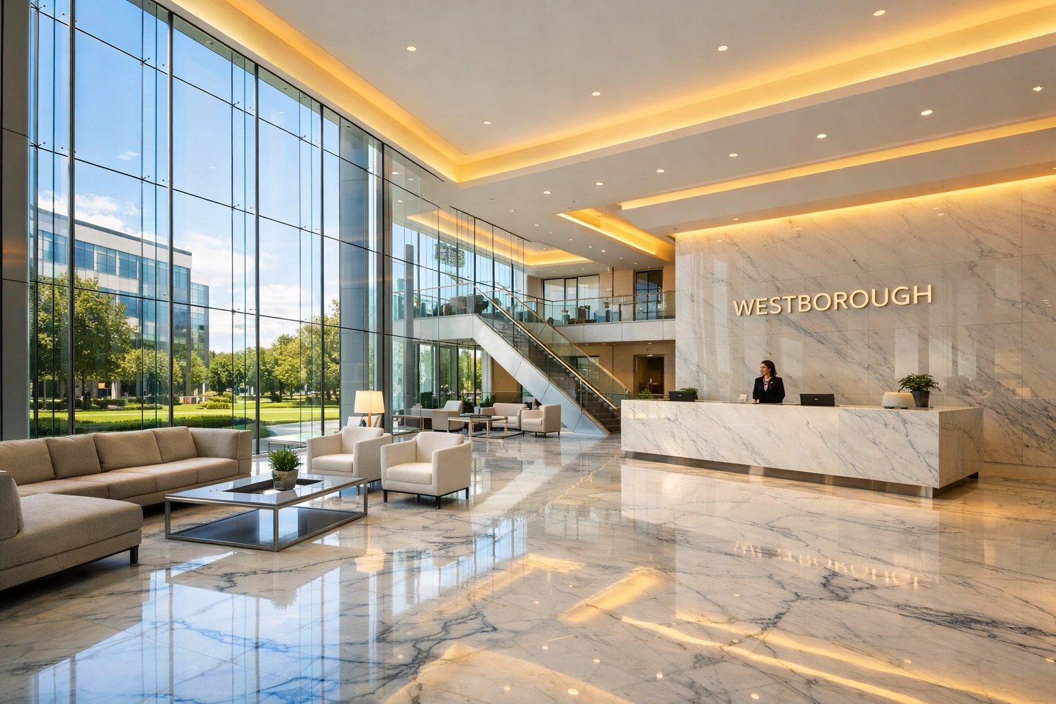 Pristine modern corporate lobby in Westborough reflecting professional office cleaning standards for business excellence.