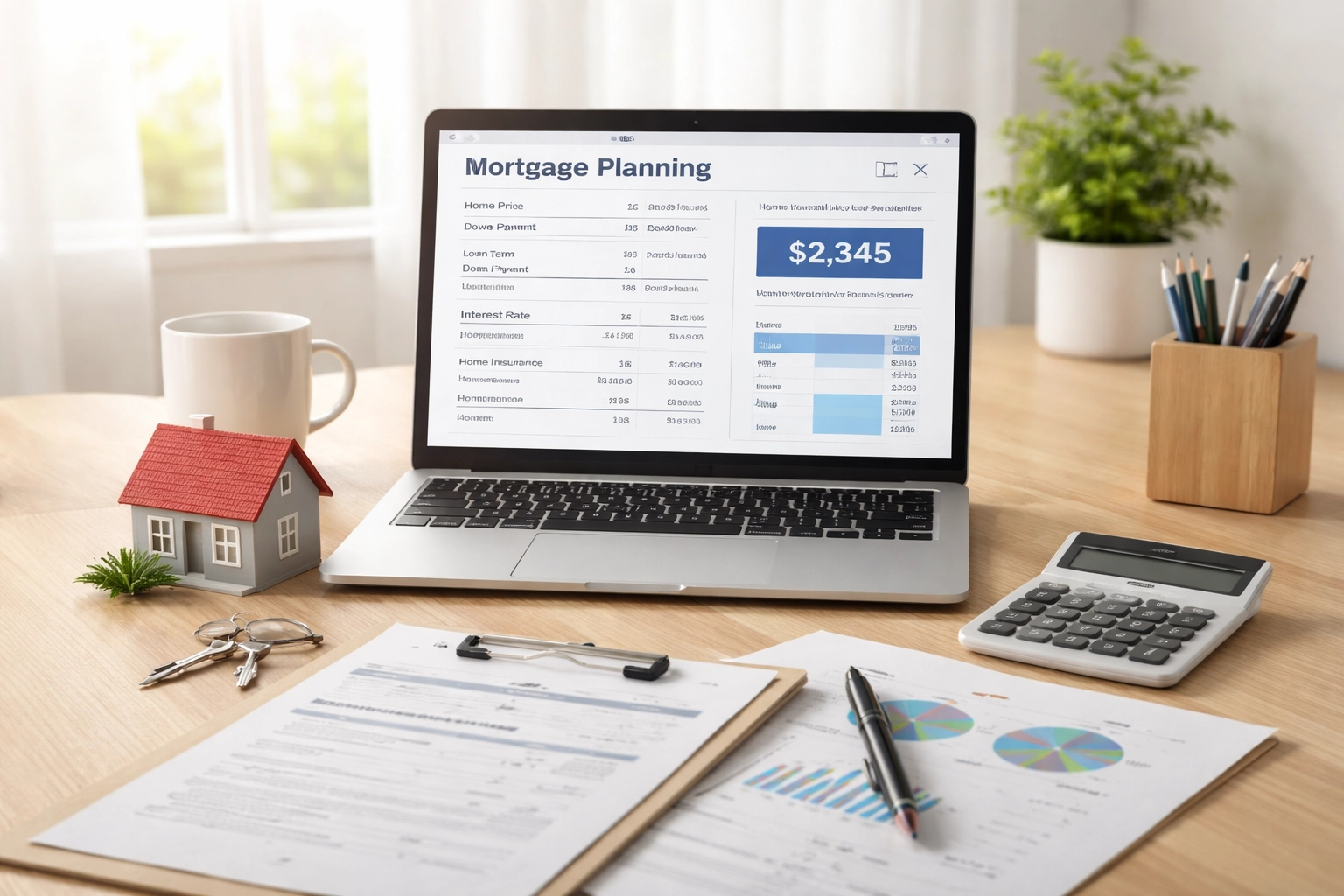 Home office desk with financial documents and laptop, planning for a Denver home purchase