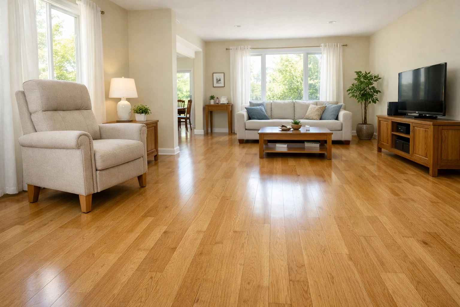 Living room with clear walking paths and a high-seated armchair to prevent falls at home.