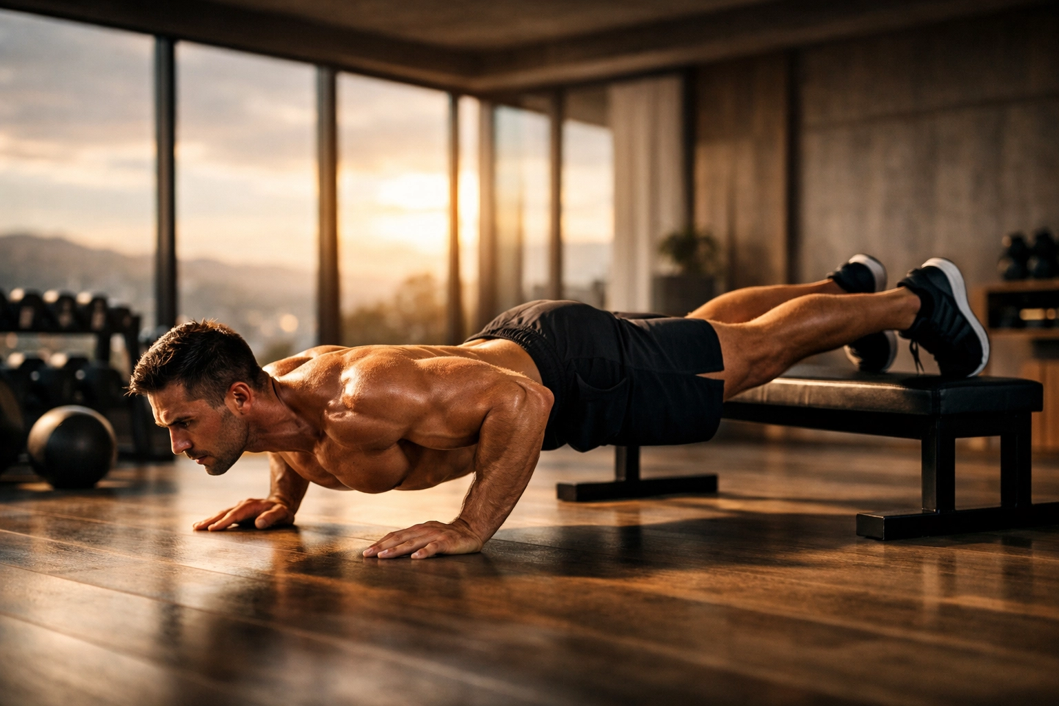 Advanced decline push-up progression for bodyweight training at home showing proper elevated form