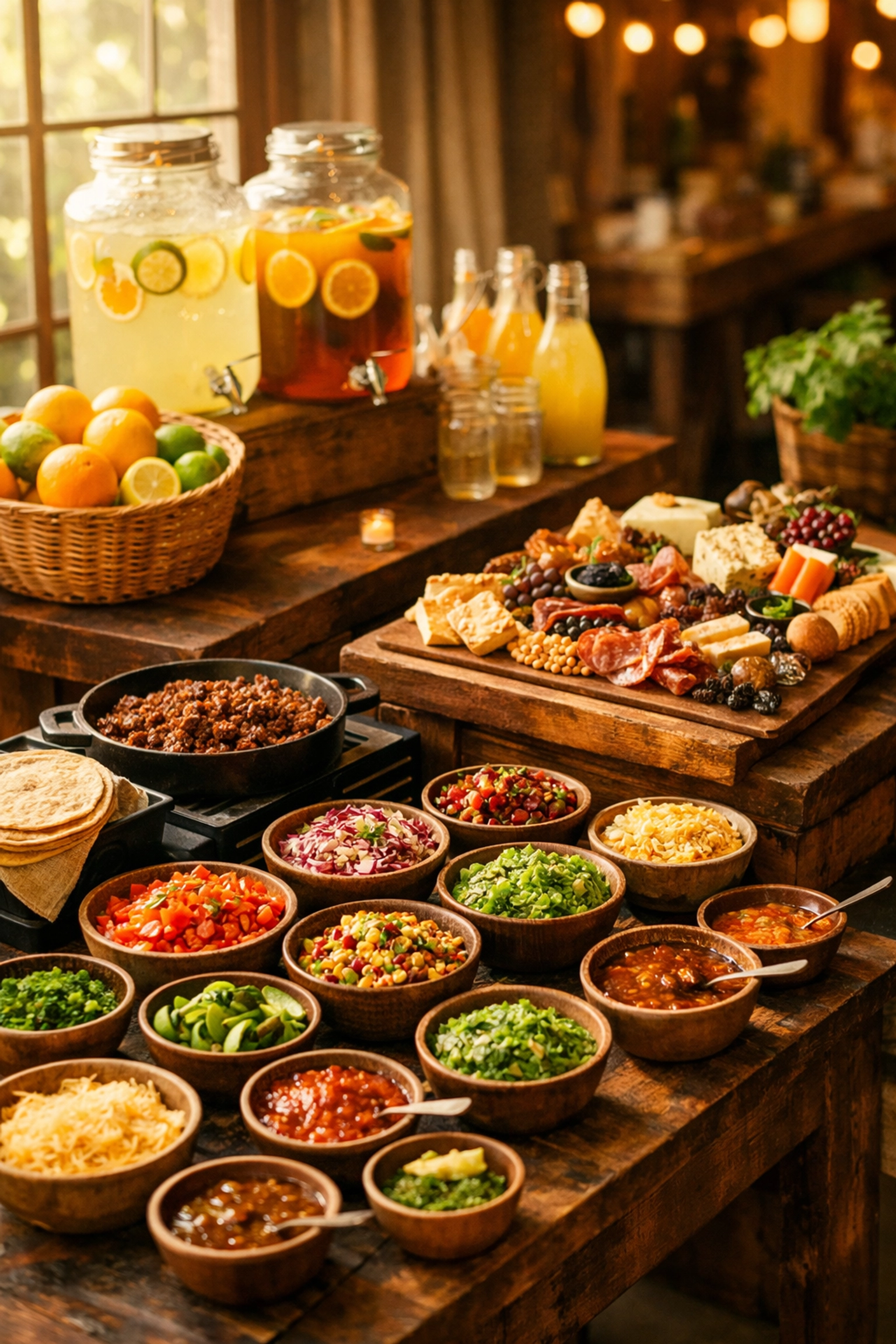 Multiple food station options including taco bar, charcuterie board, and lemonade for catering