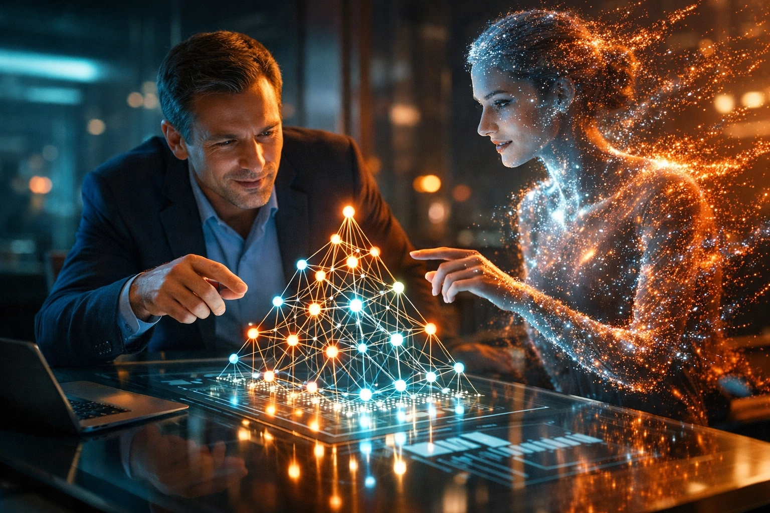 Erfolgreiche Zusammenarbeit von HR-Manager und KI in der Personalarbeit für mehr Effizienz.