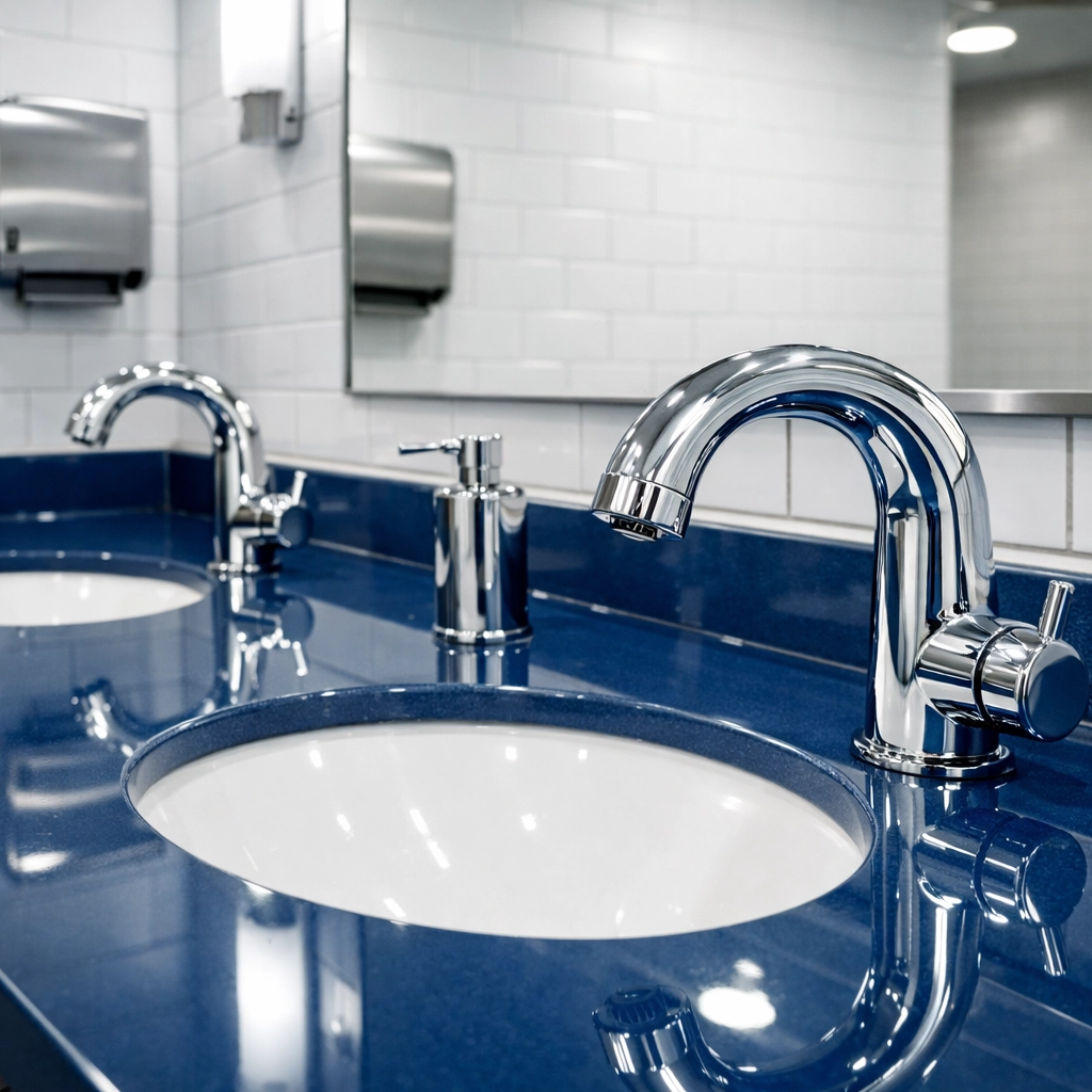 Hygienic and spotless commercial restroom cleaned by professional Fall River sanitization experts.