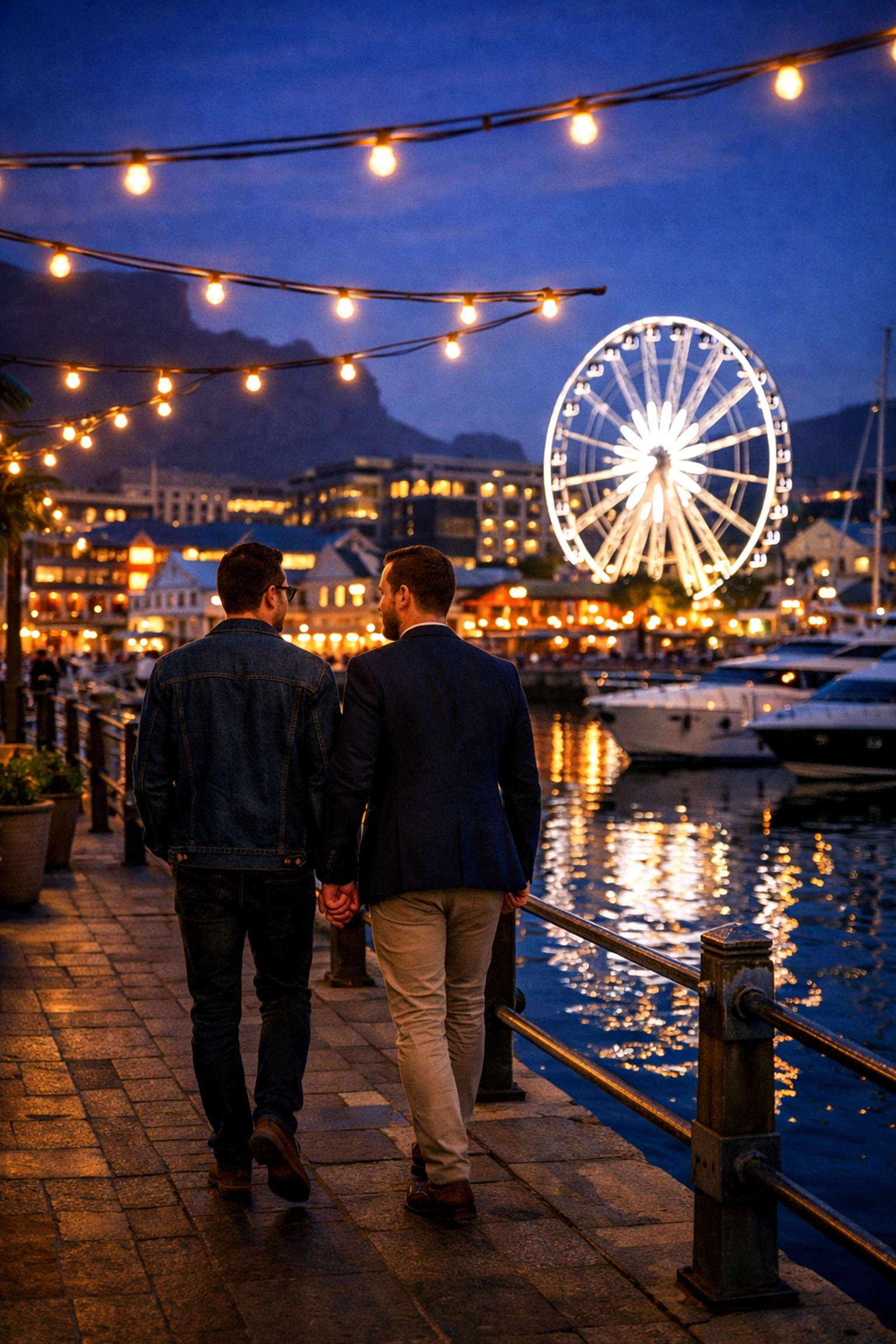 Two men strolling hand in hand at V&A Waterfront, romantic Cape Town evening