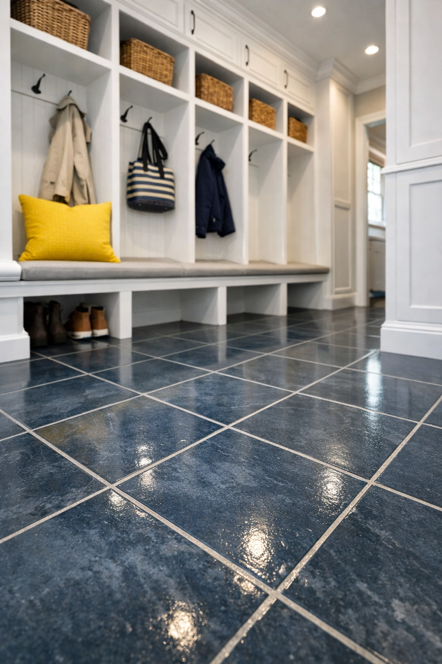 Clean mudroom with white lockers and spotless tile floors following a deep cleaning in Carlisle.