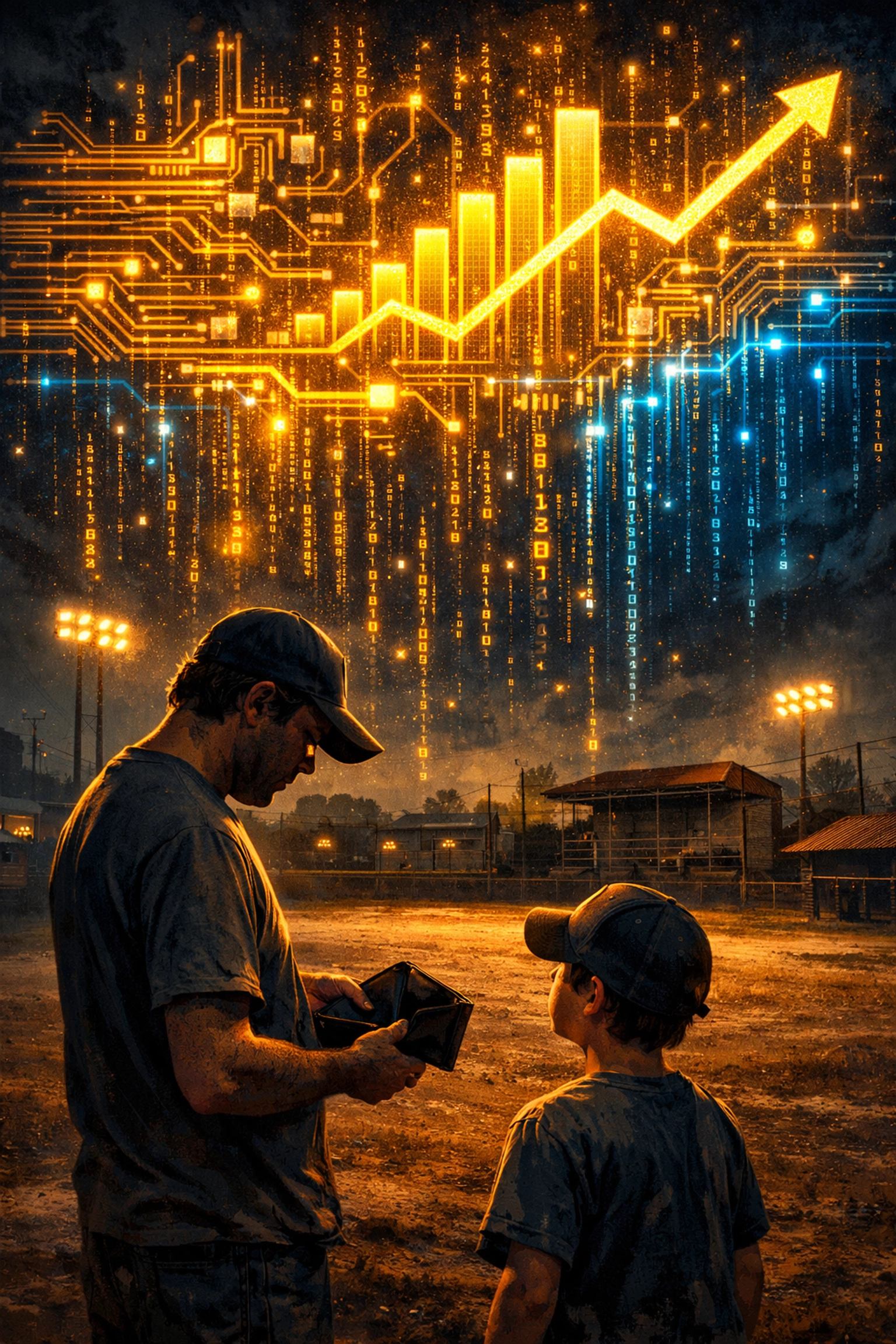 A father and son with an empty wallet standing under a glowing digital sky of abstract economic data.