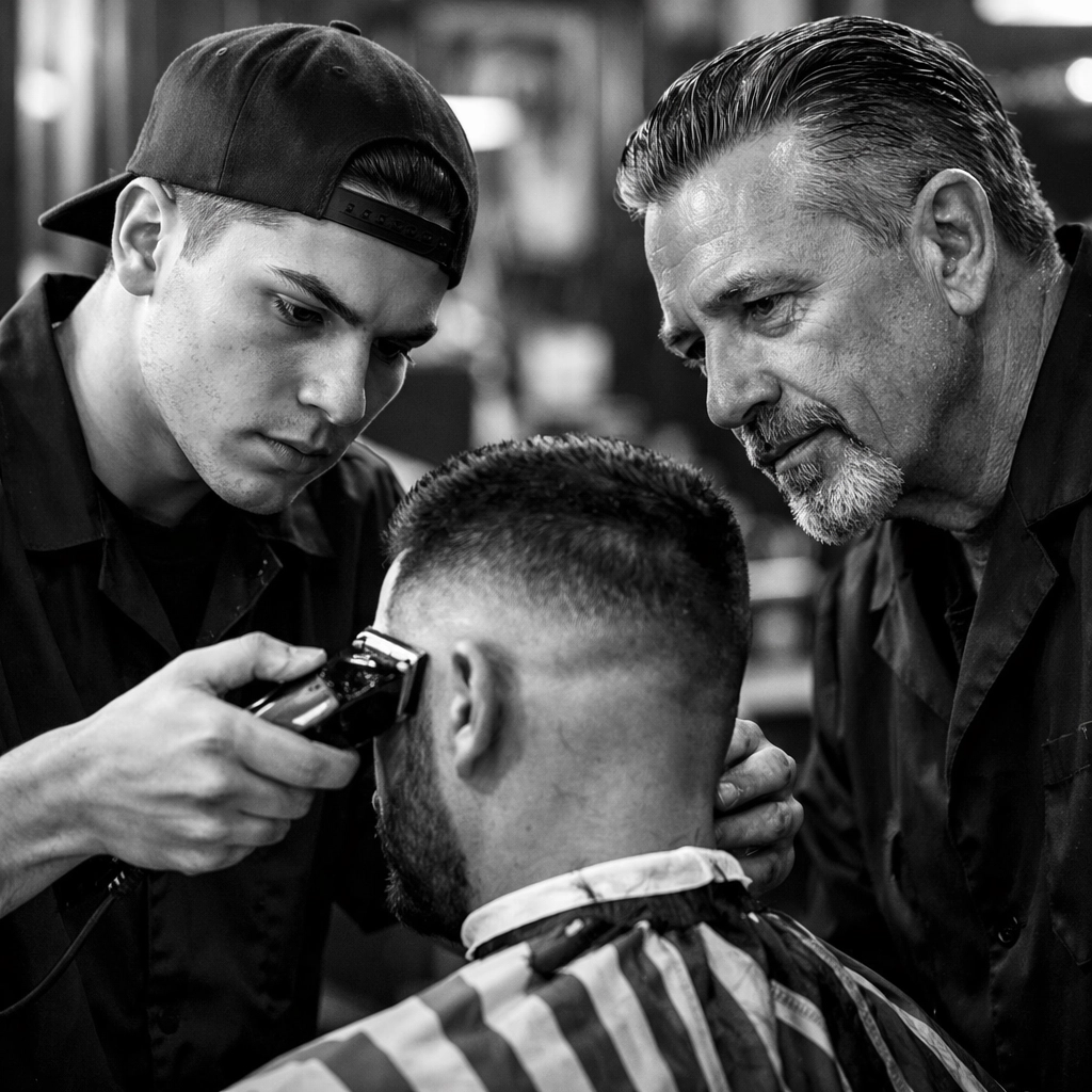 Student barber performing supervised haircut with licensed instructor at Middletown barber school