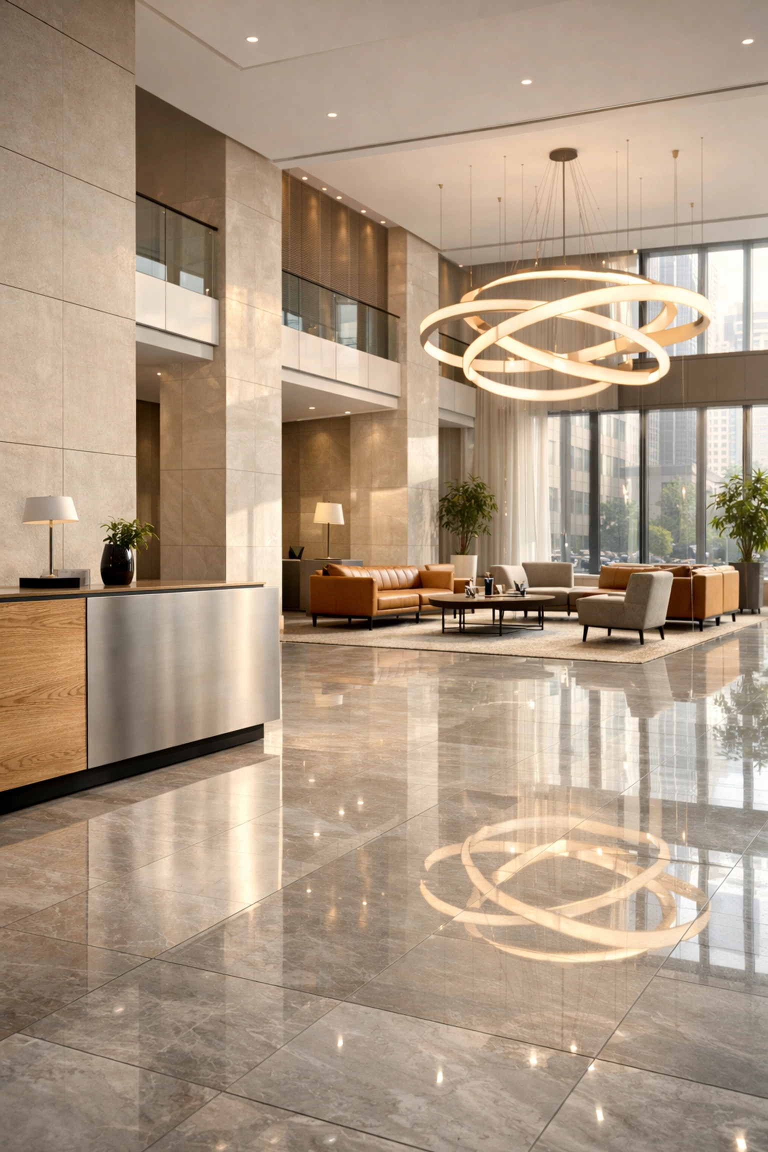 Polished marble floors in a sophisticated Indianapolis commercial lobby reflecting professional property maintenance.