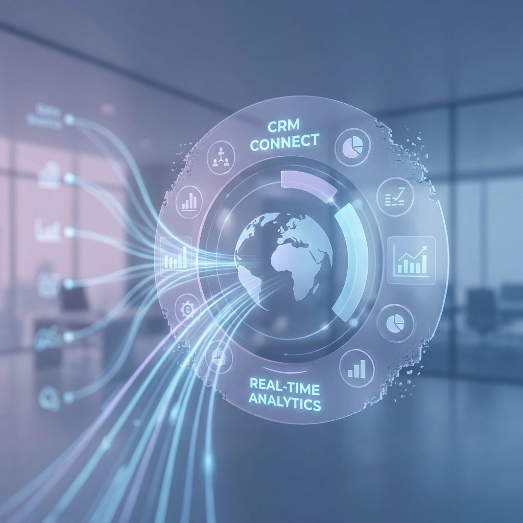 Illustration of a CRM dashboard receiving predictive seller leads data, illustrating seamless lead integration.