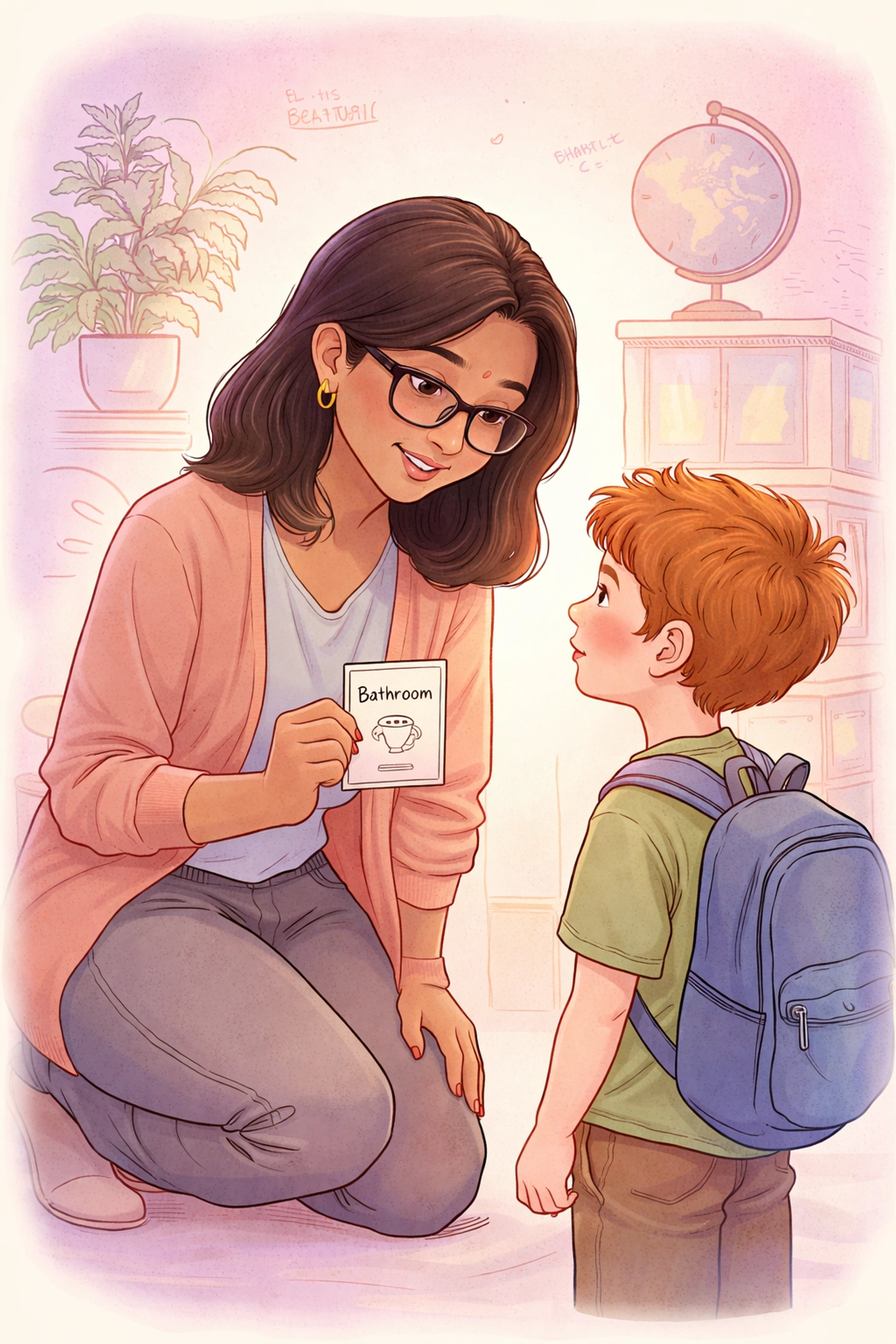 A caring teacher gives a bathroom pass to a student, supporting school strategies for daytime wetting.