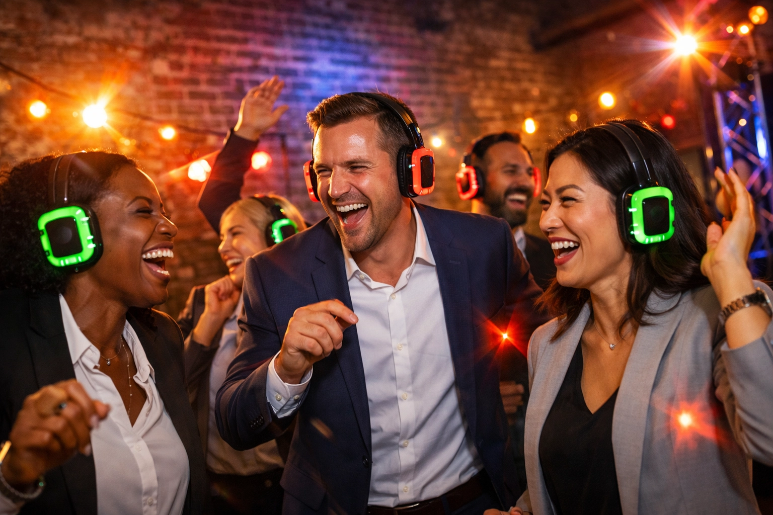 Interactive corporate entertainment featuring a silent disco with glowing headphones and high-energy music in Denver.