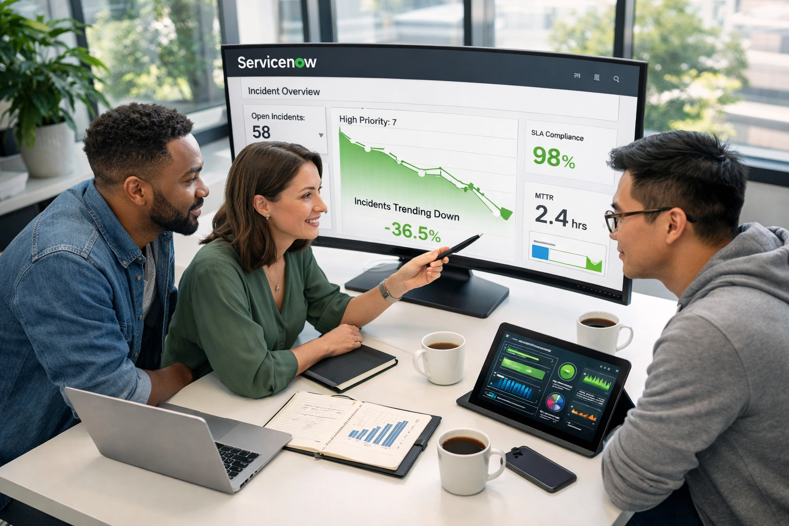 IT team analyzing ServiceNow ITOM dashboard showing reduced incident metrics and improved MTTR