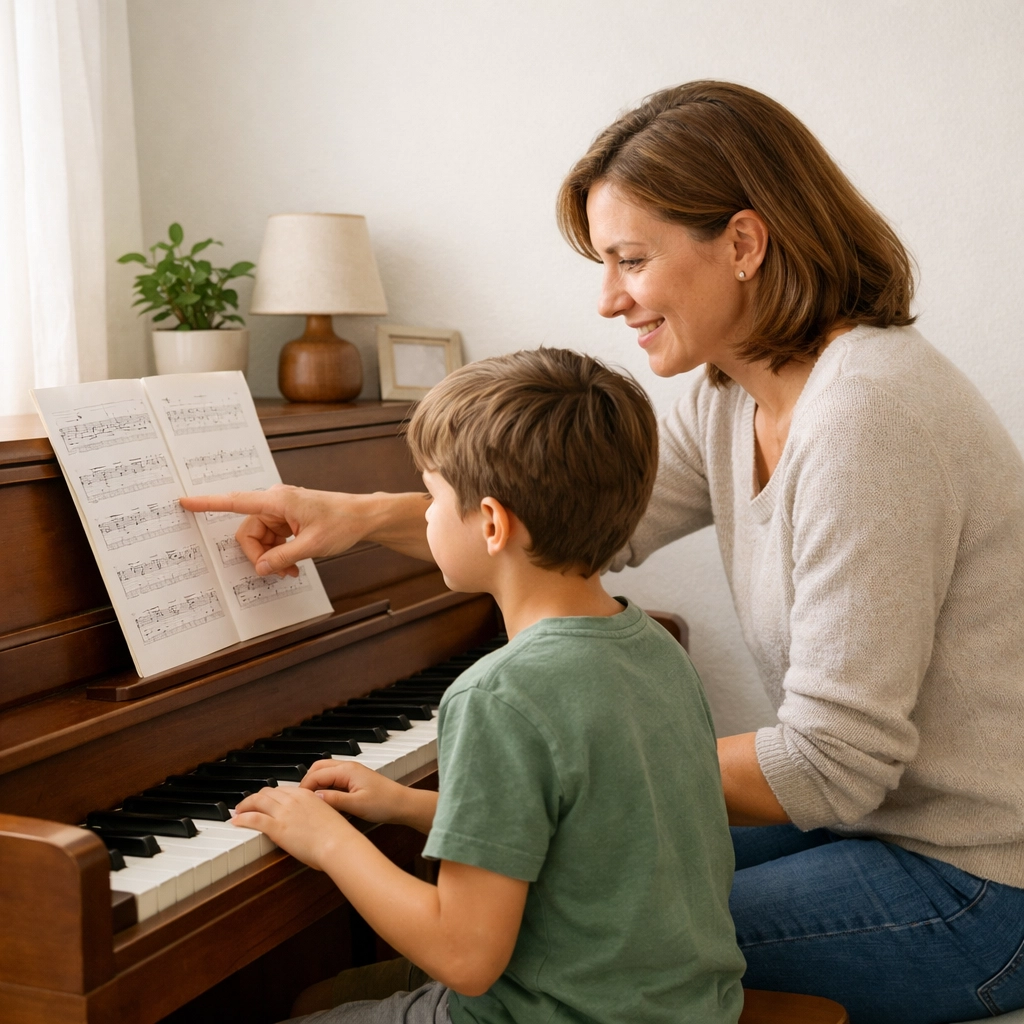 Piano teacher giving traditional in-person lesson to young student at home