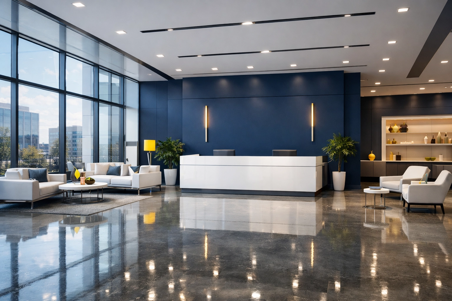 Spotless commercial lobby area highlighting professional office cleaning Worcester services.