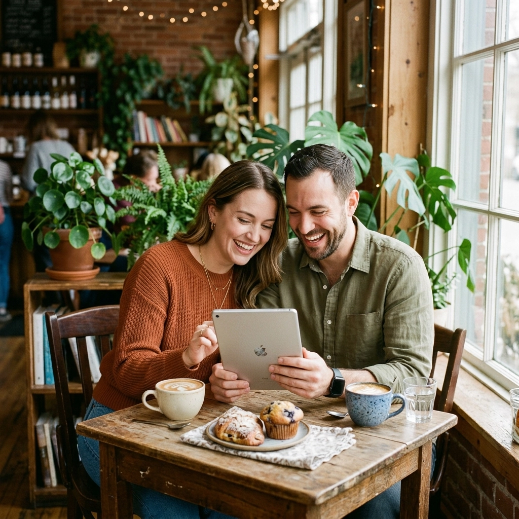 A warm, candid-style photo of a couple sitting at a cafe table, collaborating and smiling.