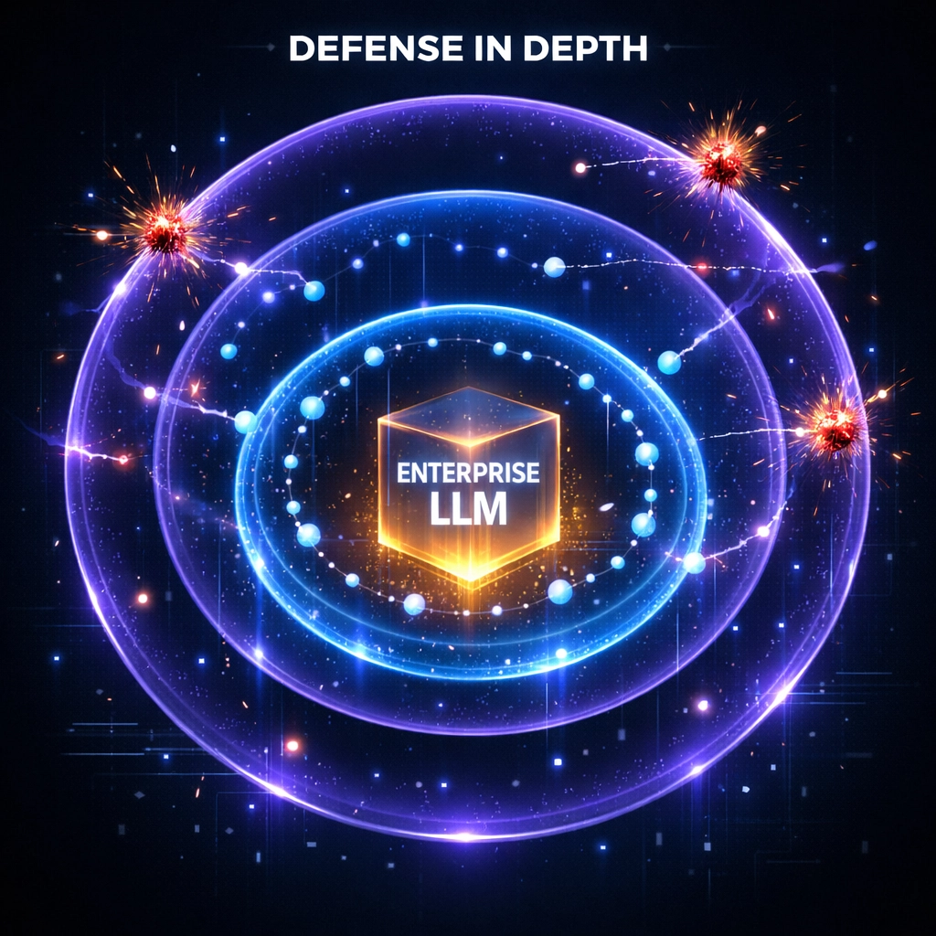 Mehrschichtige technische Schutzmaßnahmen zur Absicherung von LLM-Infrastrukturen.