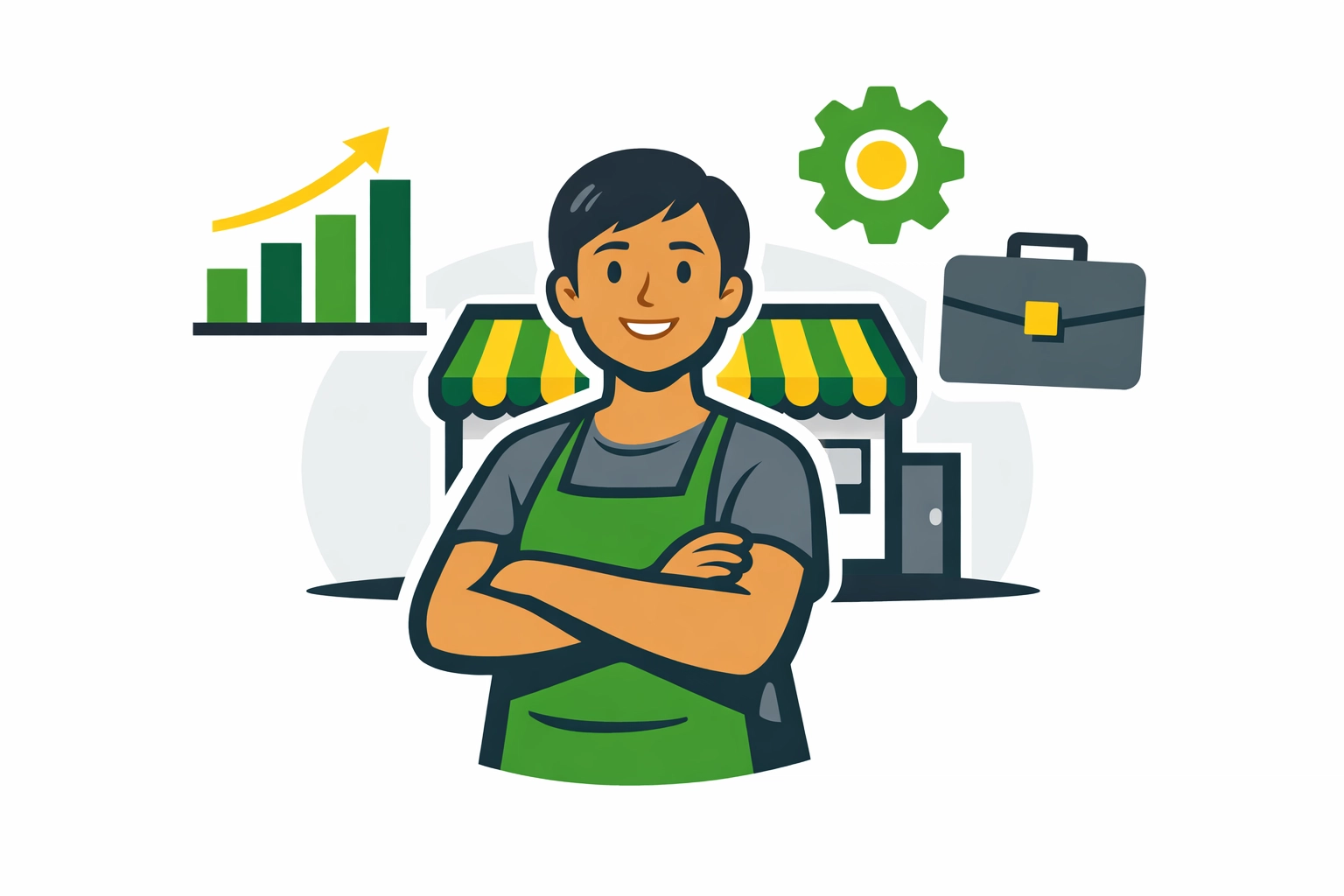 Small business owner with financial growth icons representing concierge tax preparation services.