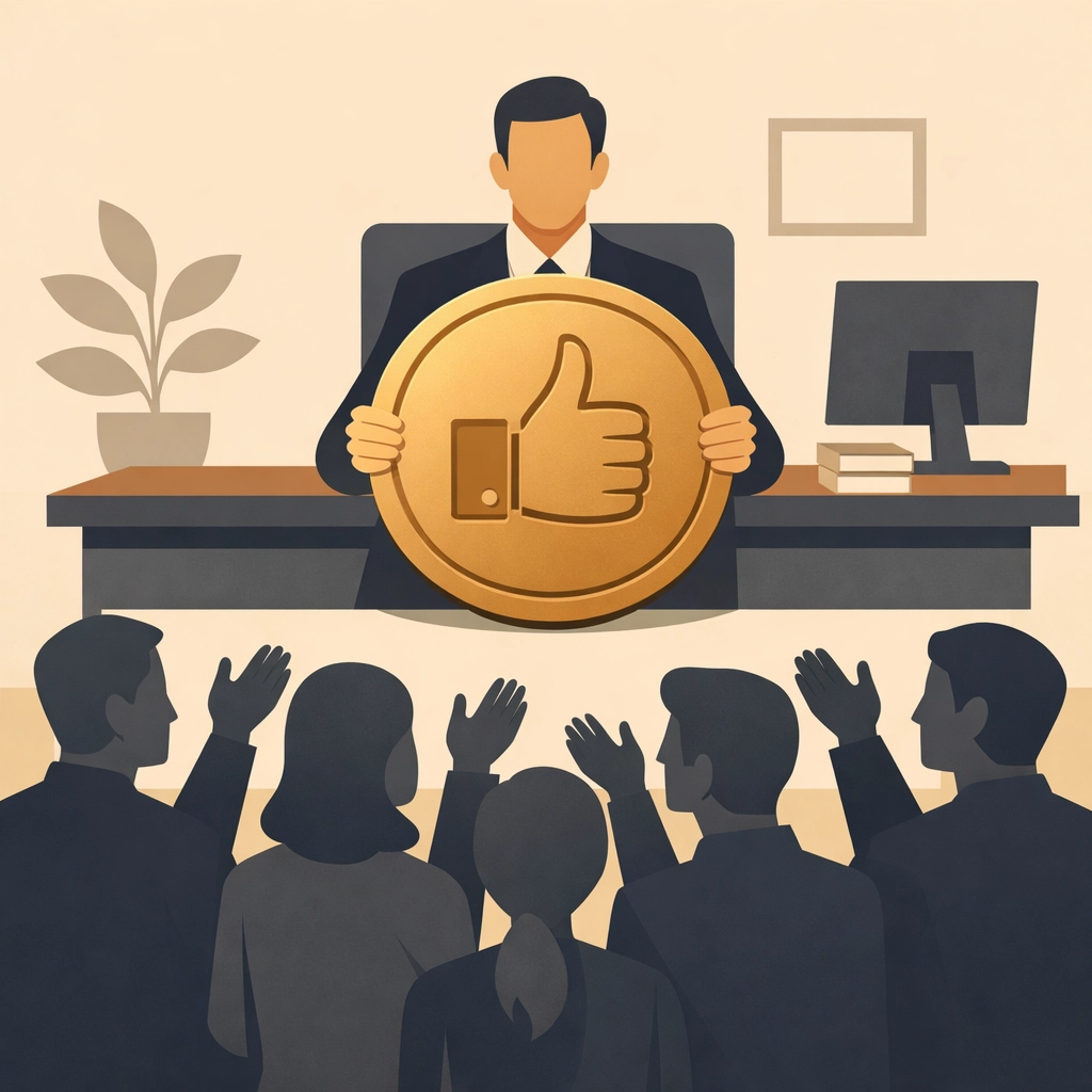 Manager using a thumbs-up emoji shield to deflect accountability from employees in a professional office.